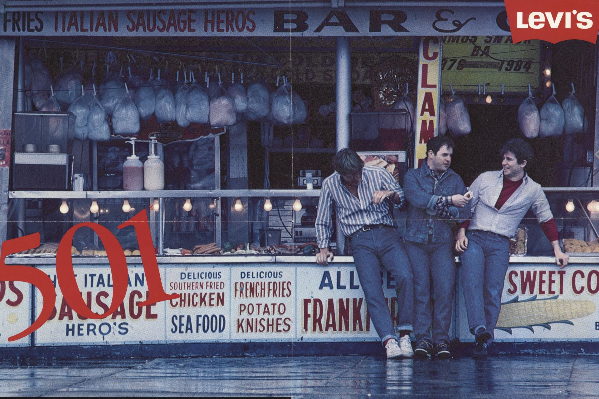 three men outside wearing levis jeans with a levis logo and 501 graphic on top of the image
