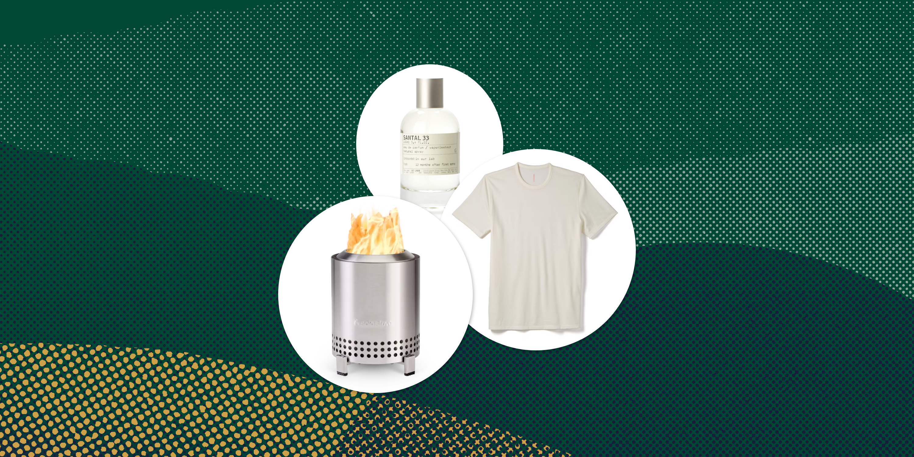 collage of a bottle of perfume, a fire pit, and a white tshirt