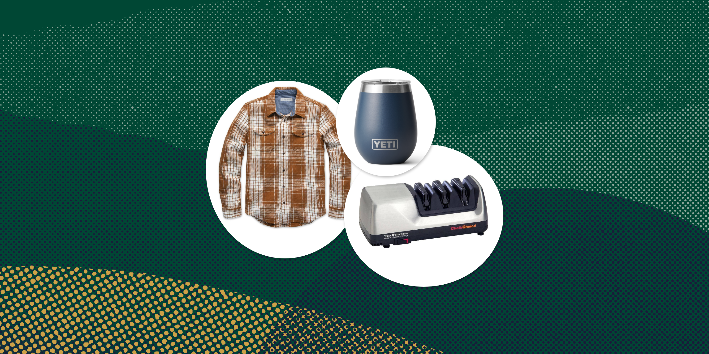 collage of a flannel, a knife sharpener, and a yeti wine tumbler