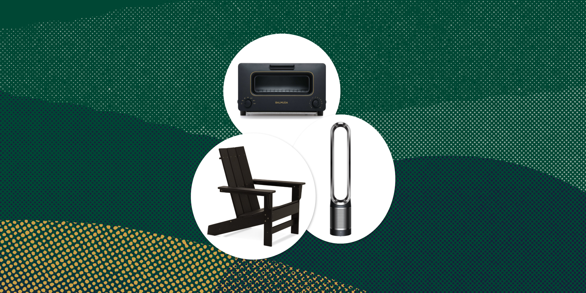 collage of a toaster oven, an adirondack chair, and an air purifier