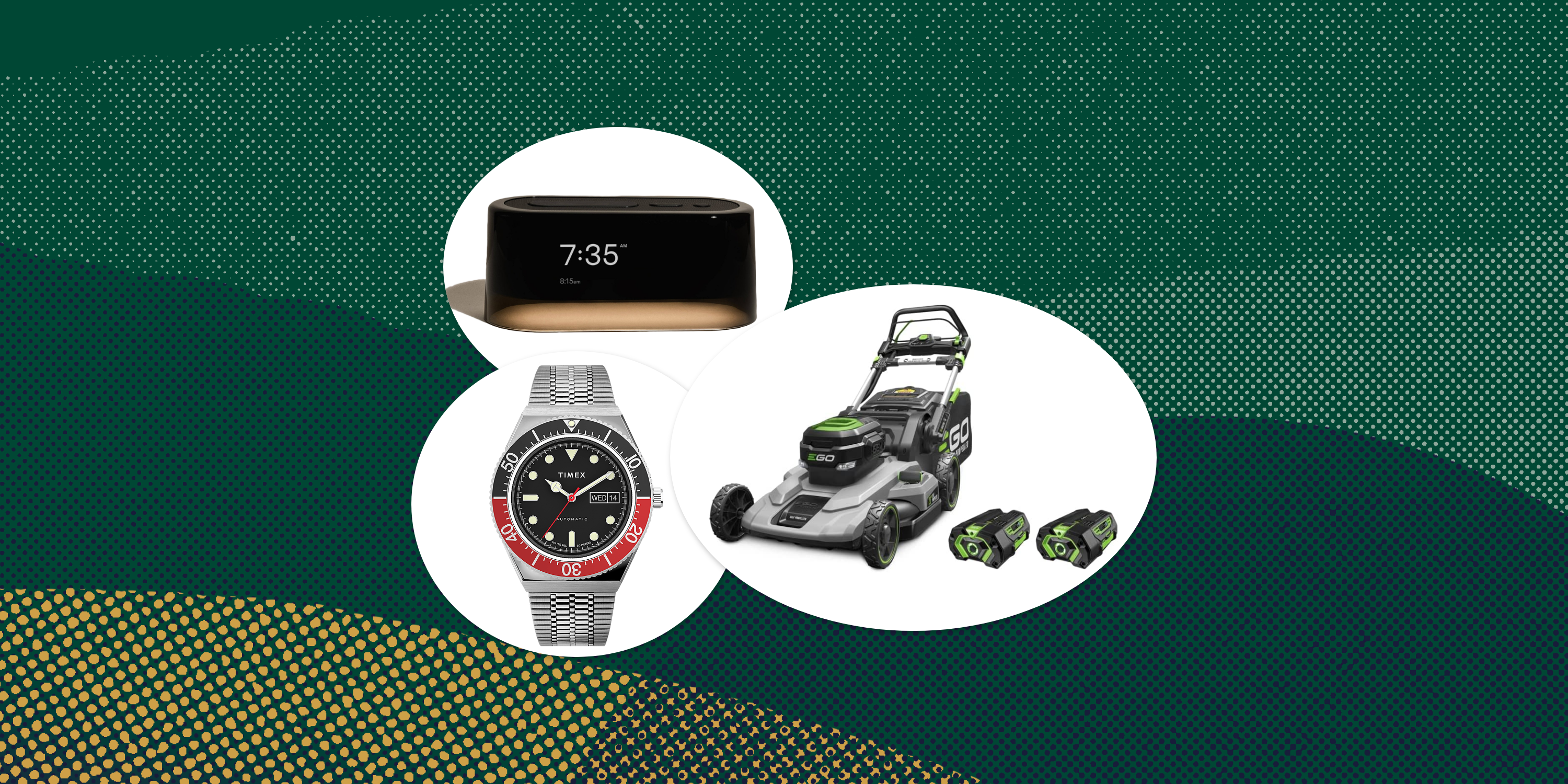 collage of a lawn mower, a watch, and an alarm clock