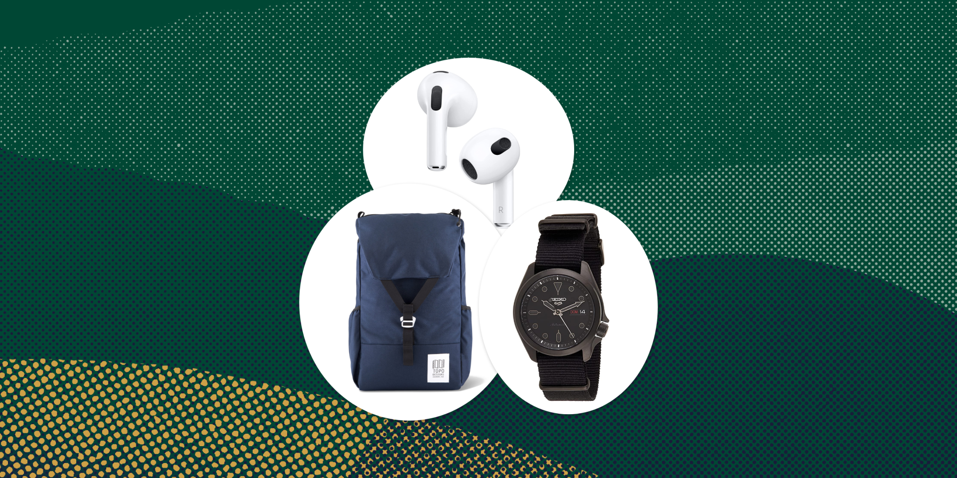 collage of airpods, a backpack, and a watch