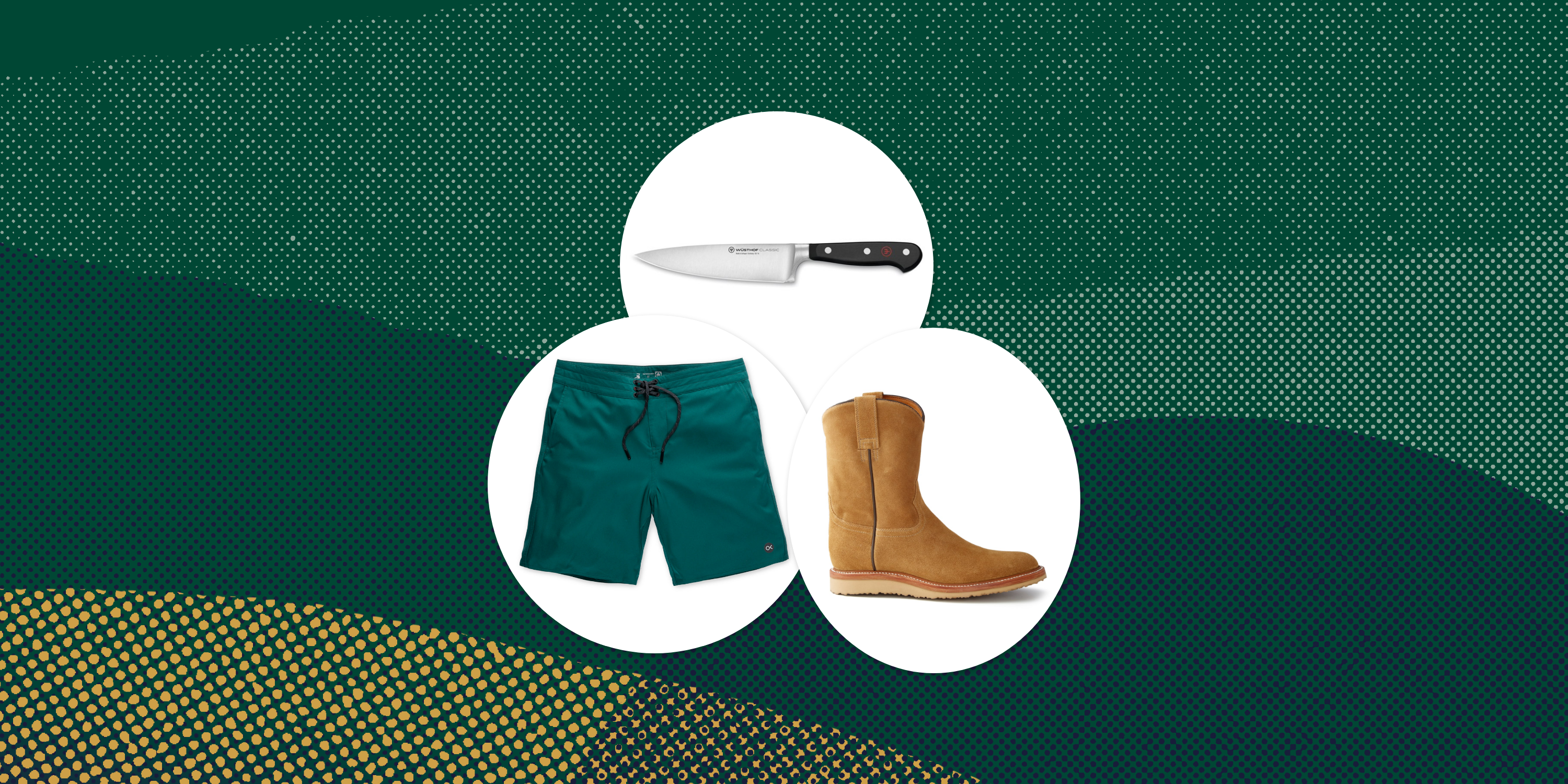 collage of a knife, a boot, and swim trunks