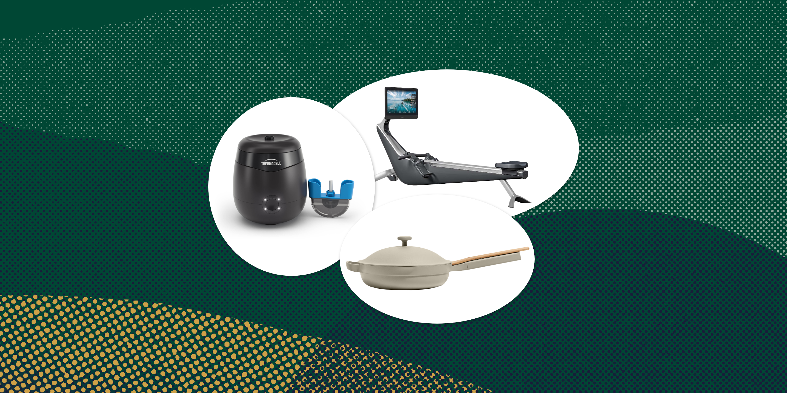 collage of a rowing machine, a pan, and a mosquito repeller