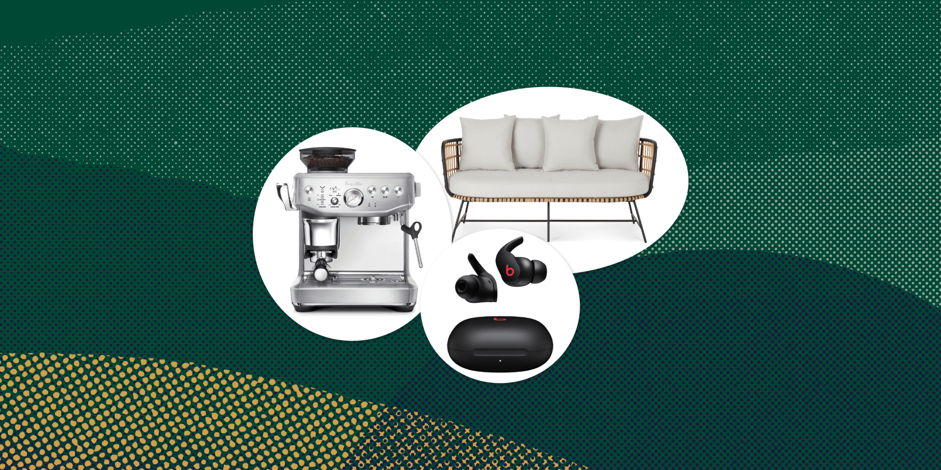 collage of an espresso machine, an outdoor couch, and earbuds