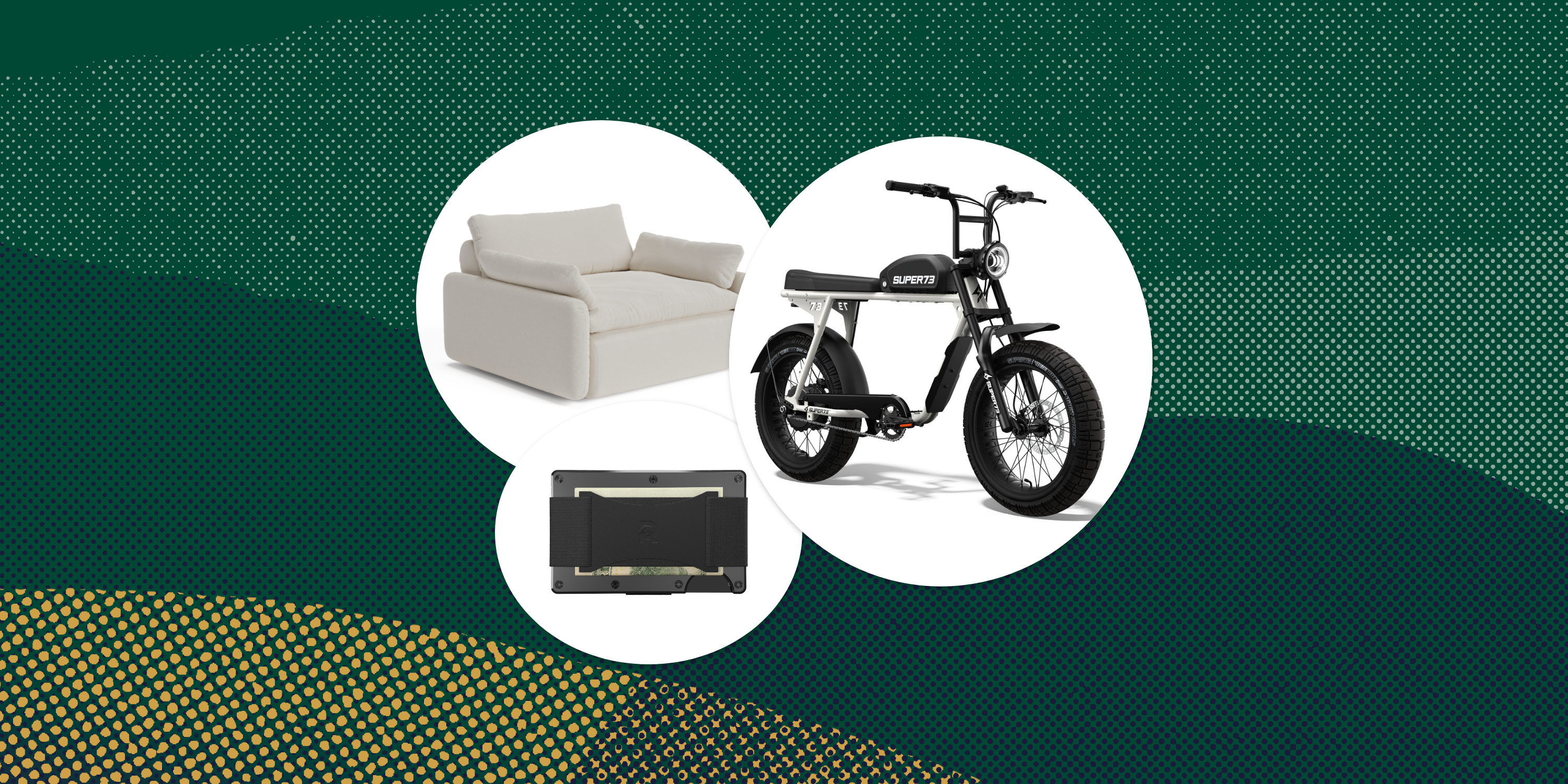 collage of a couch chair, a bike, and a wallet