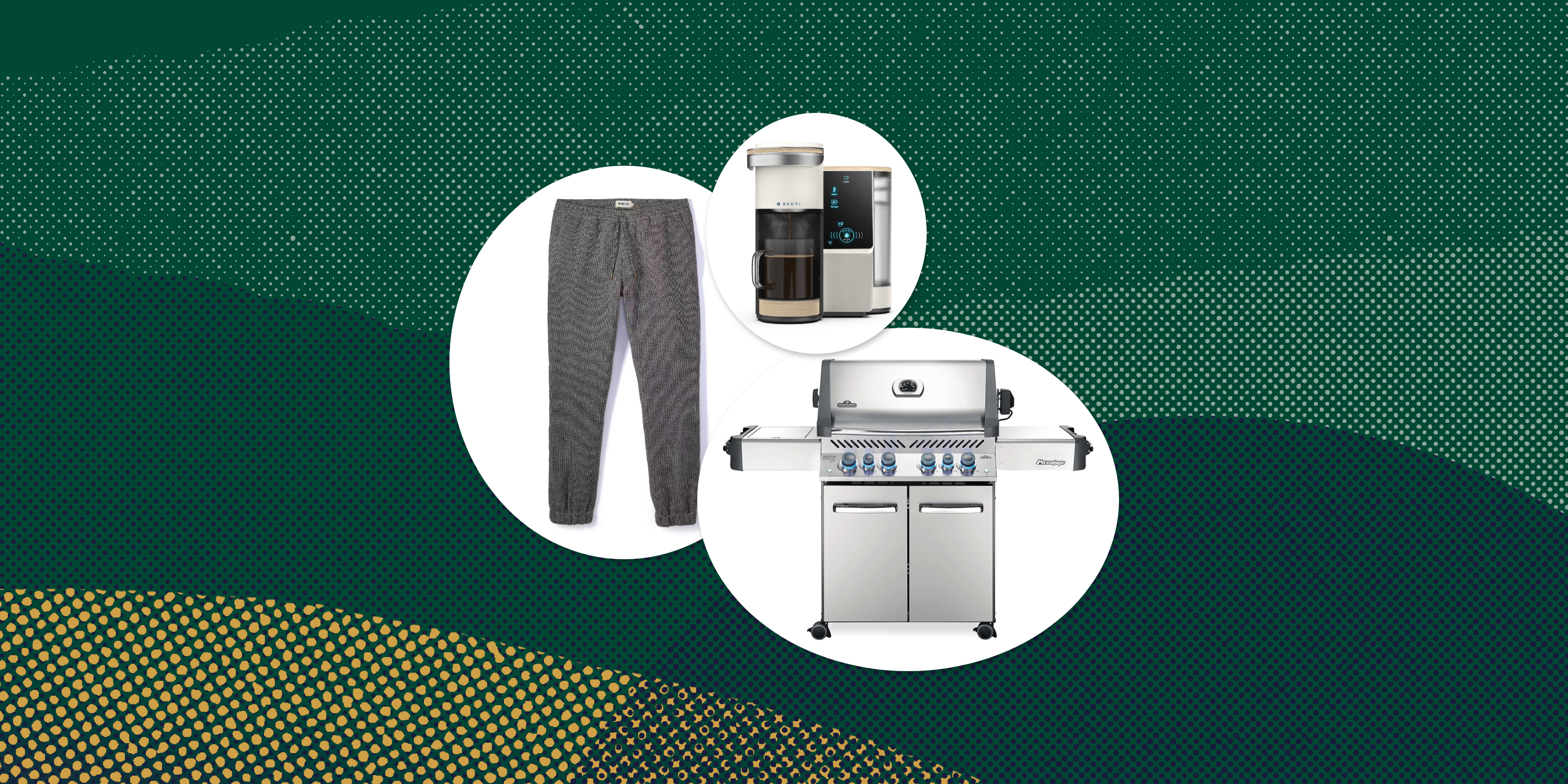 collage of pants, a coffee maker, and a grill