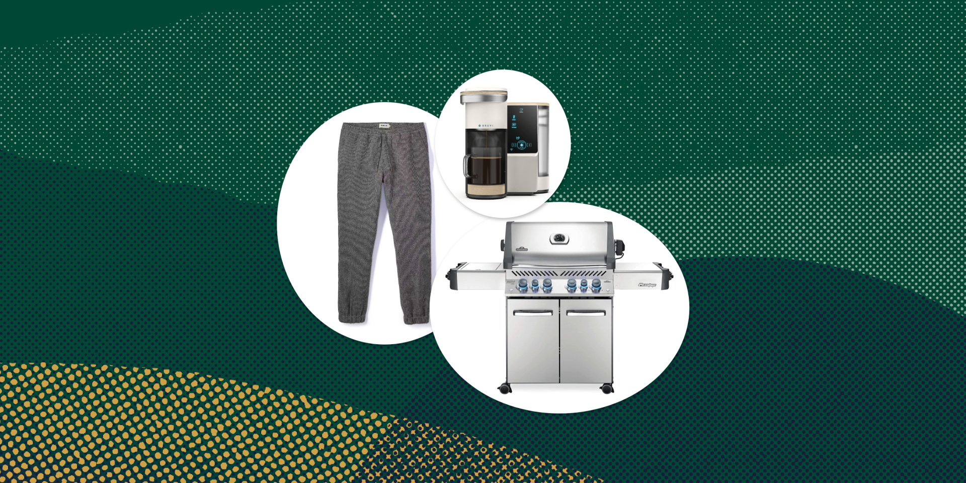 collage of pants, a coffee maker, and a grill