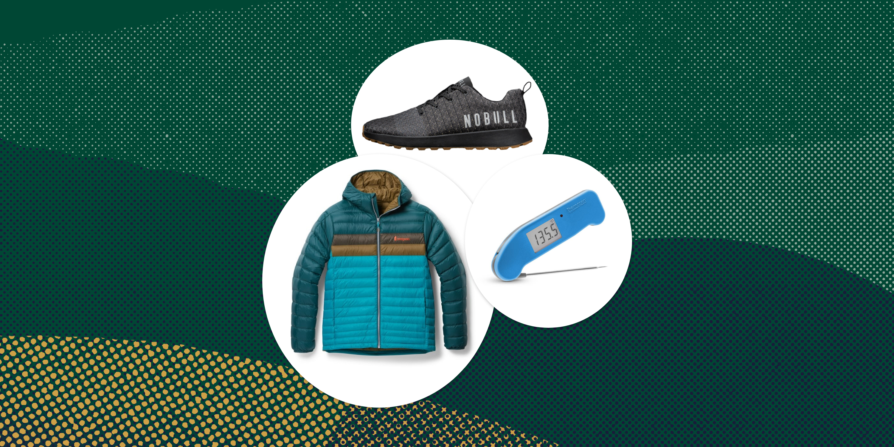 collage of a shoe, a jacket, and a thermometer