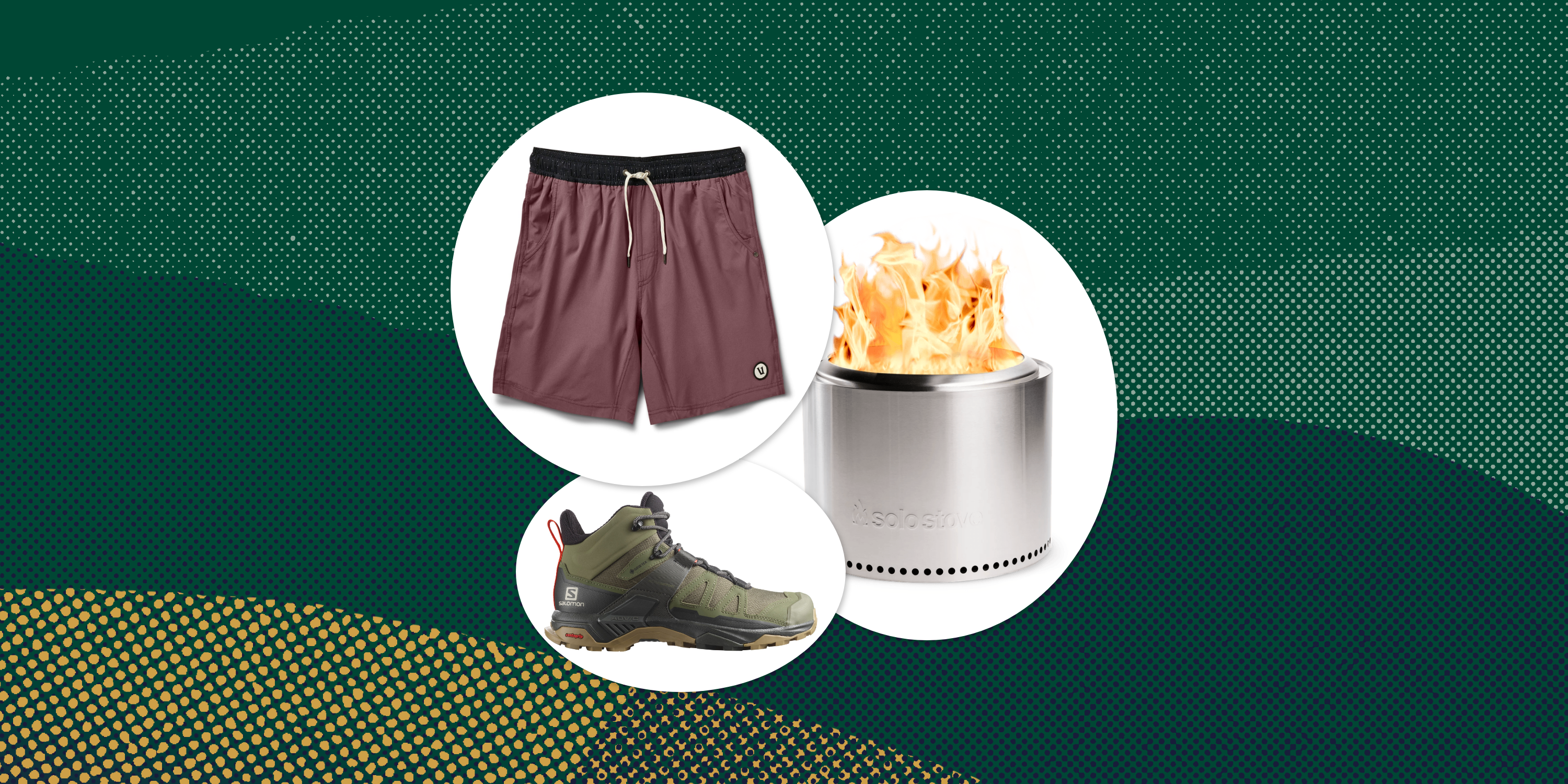collage of shorts, fire pit, and hiking boot
