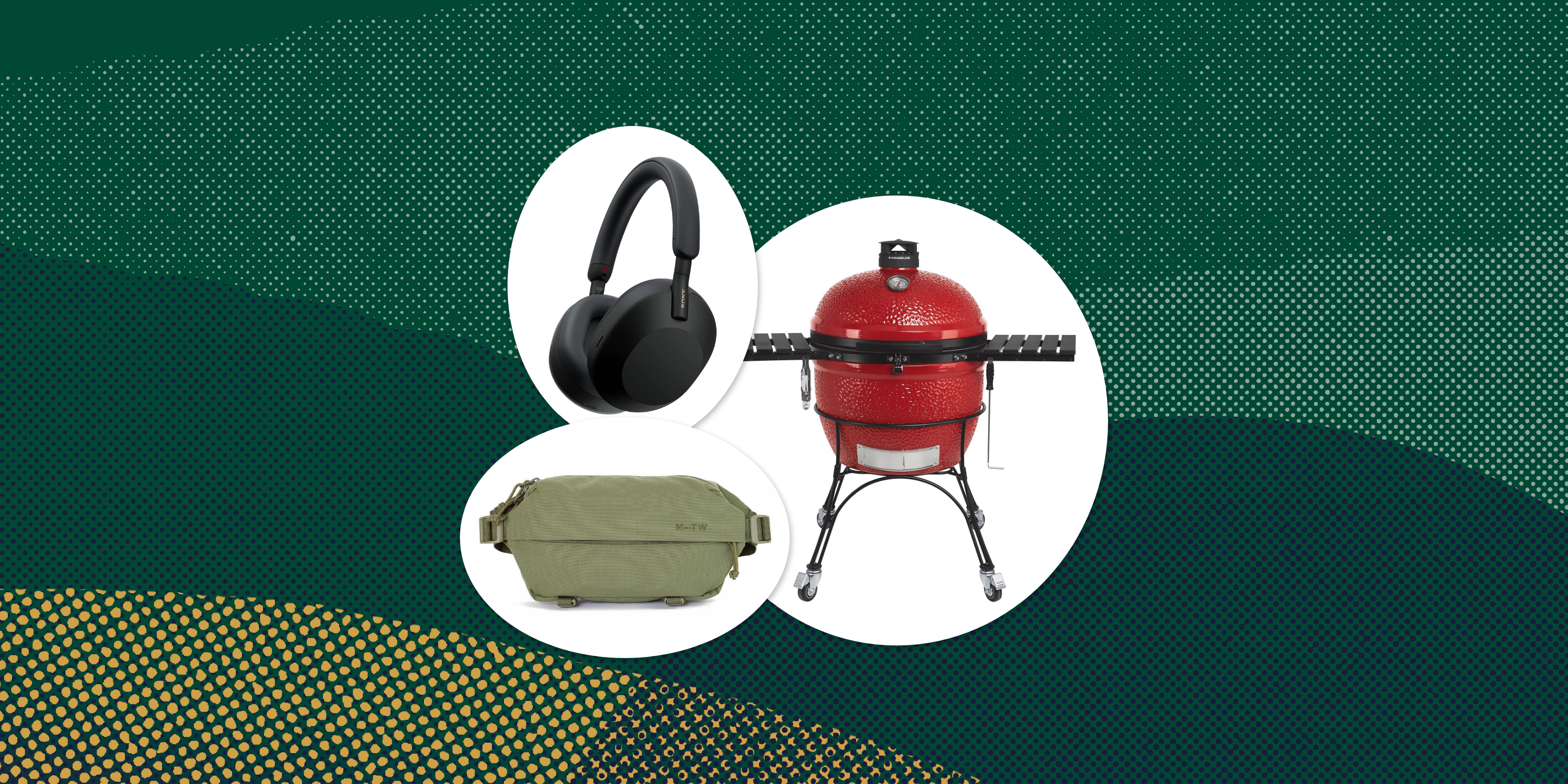 collage of headphones, a fanny pack, and a grill