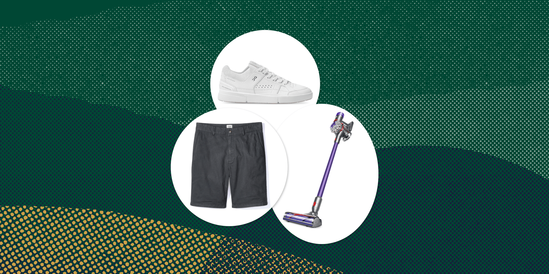 collage of a sneaker, shorts, and vacuum