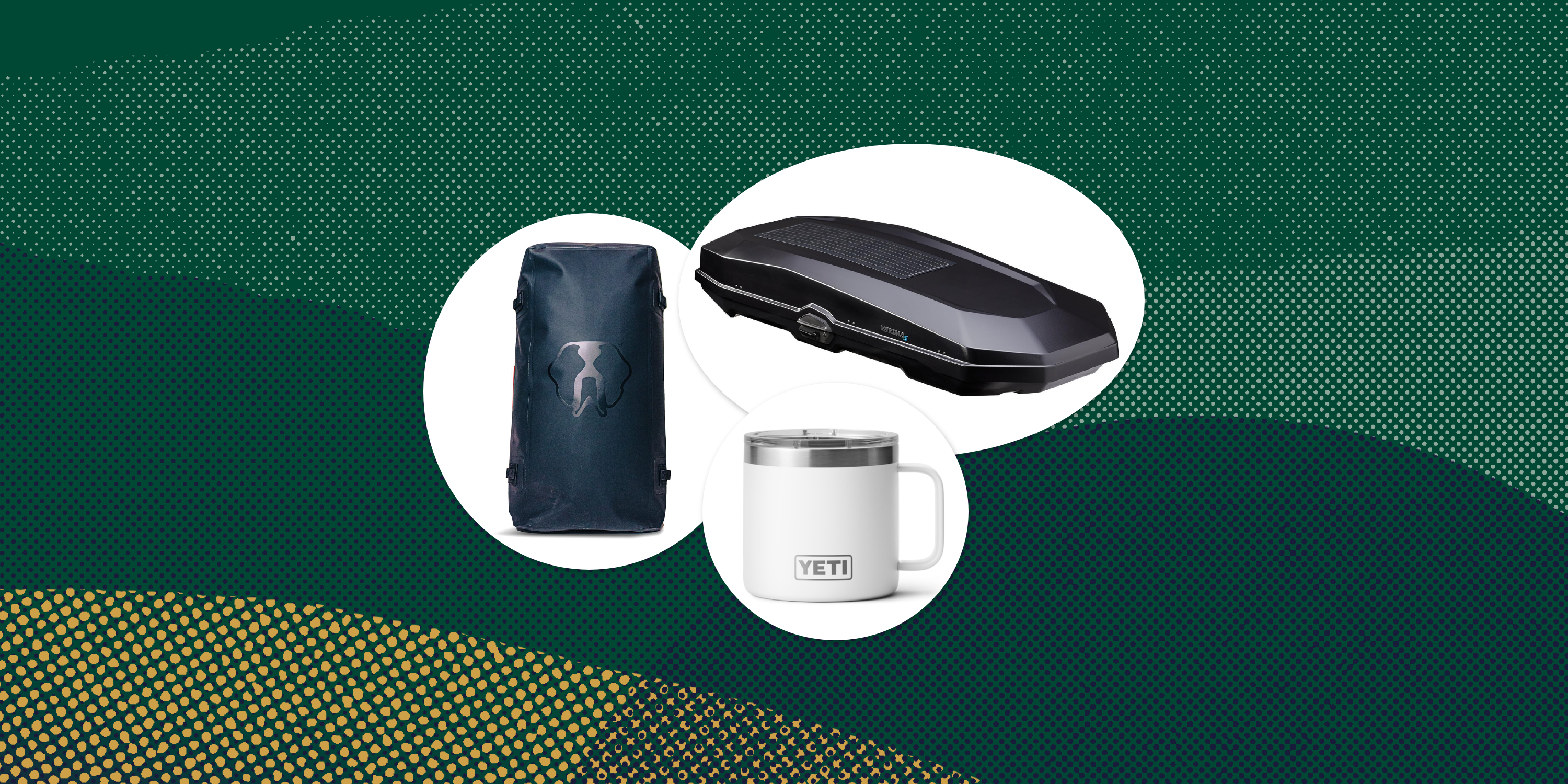 collage of a rooftop carrier, a backpack, and a mug