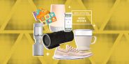 collage of a blender, gift cards, a light, bath salts, a speaker, a coffee maker, and a shoe