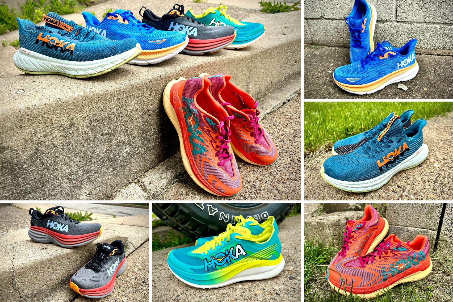 collage of hoka running shoes outside