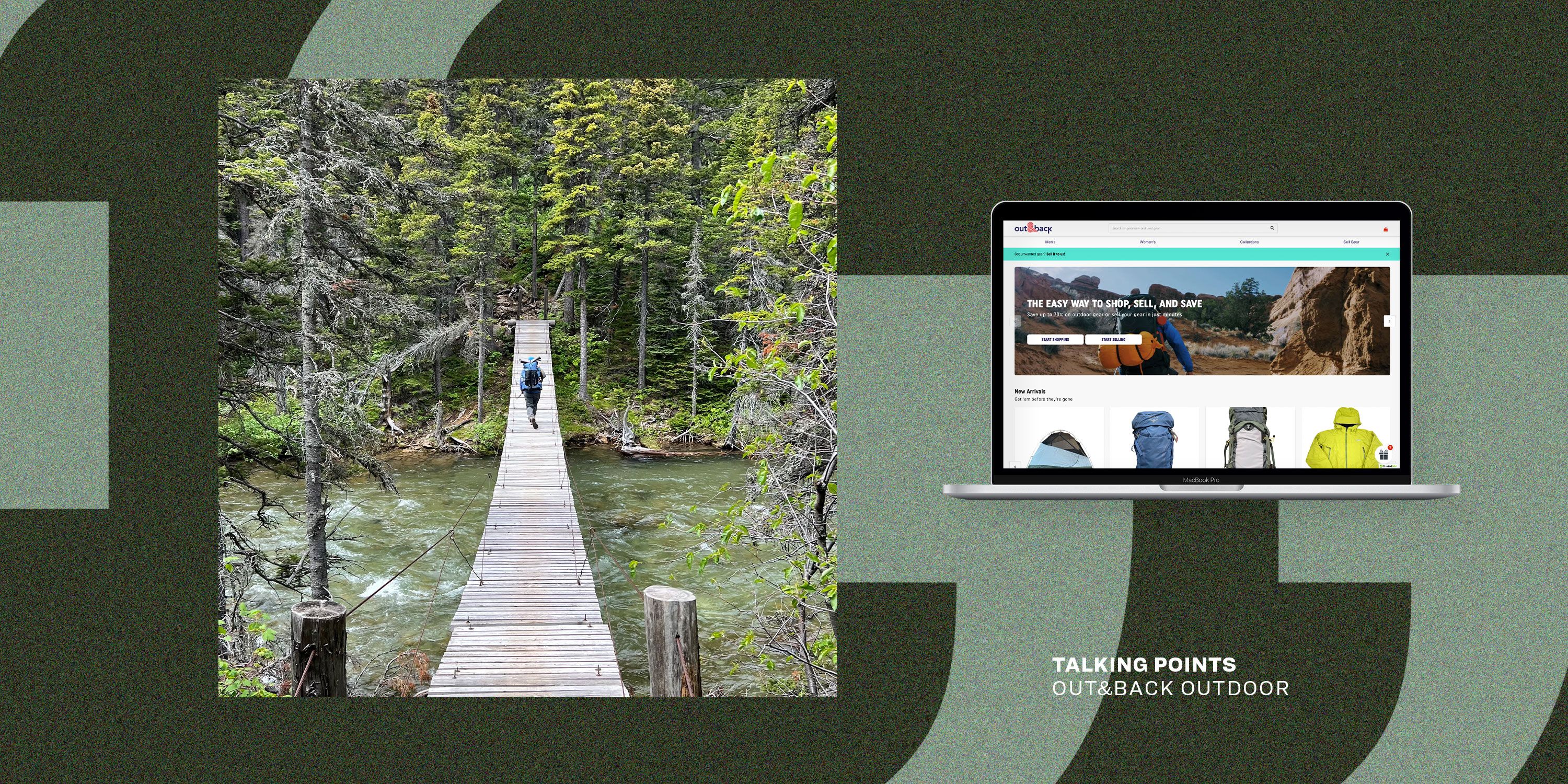 talking points out and back outdoor website next to man hiking across bridge