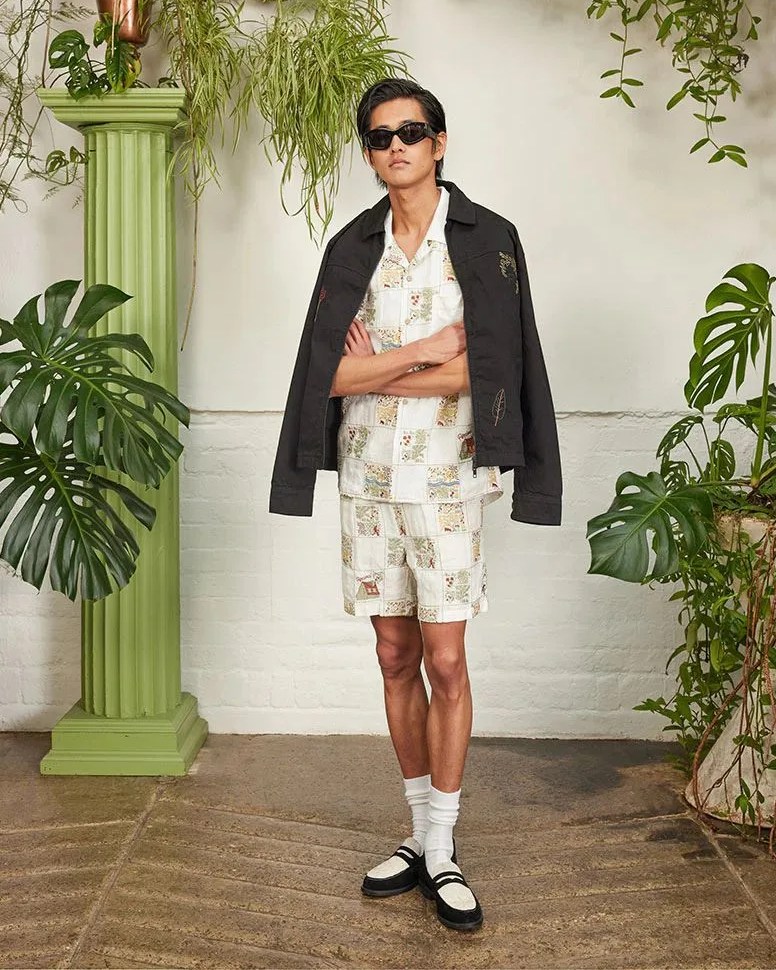 man wearing percival forager collection checkerboard cuban shirt