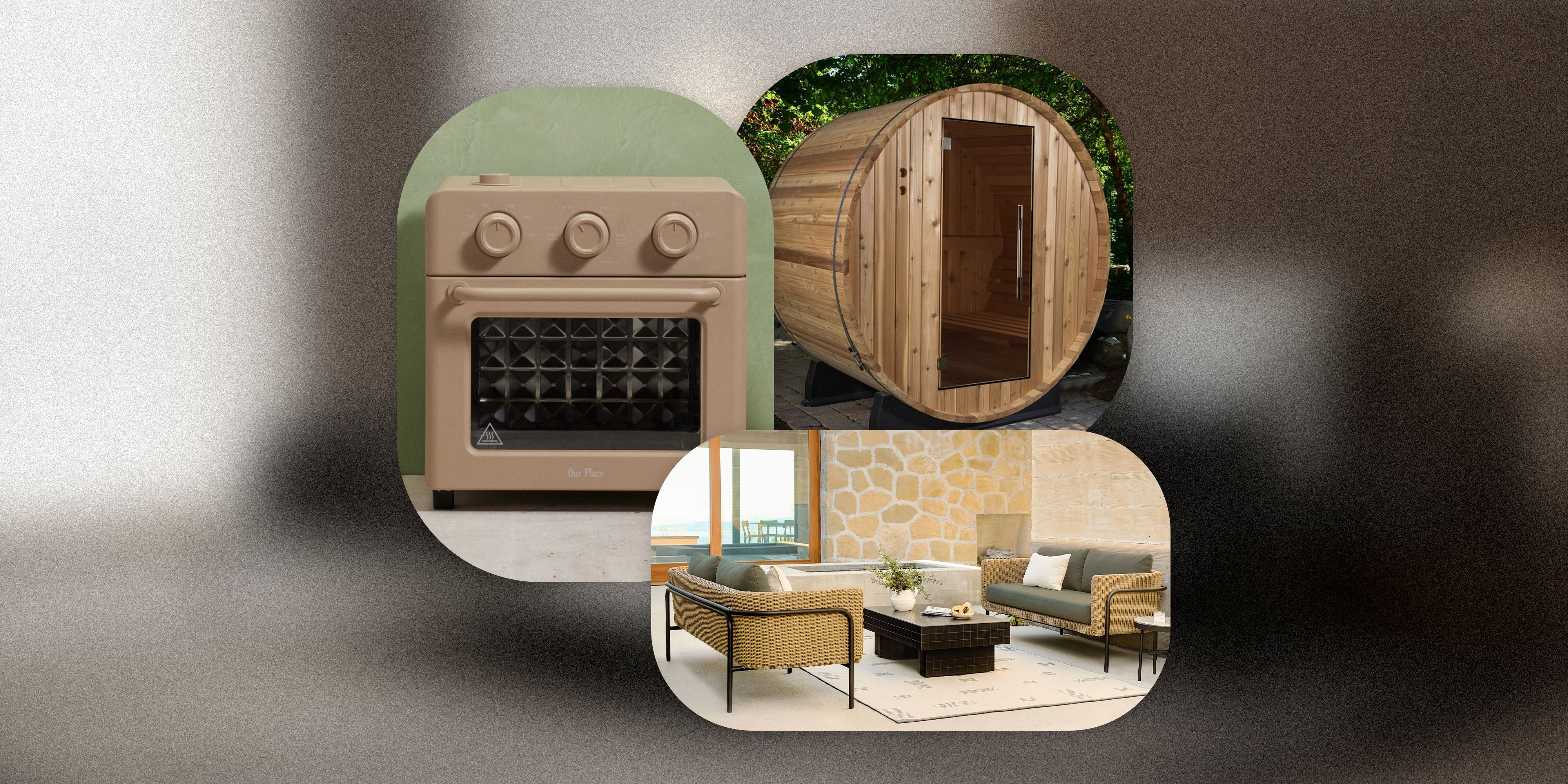 collage of a countertop oven, a sauna, and a patio set