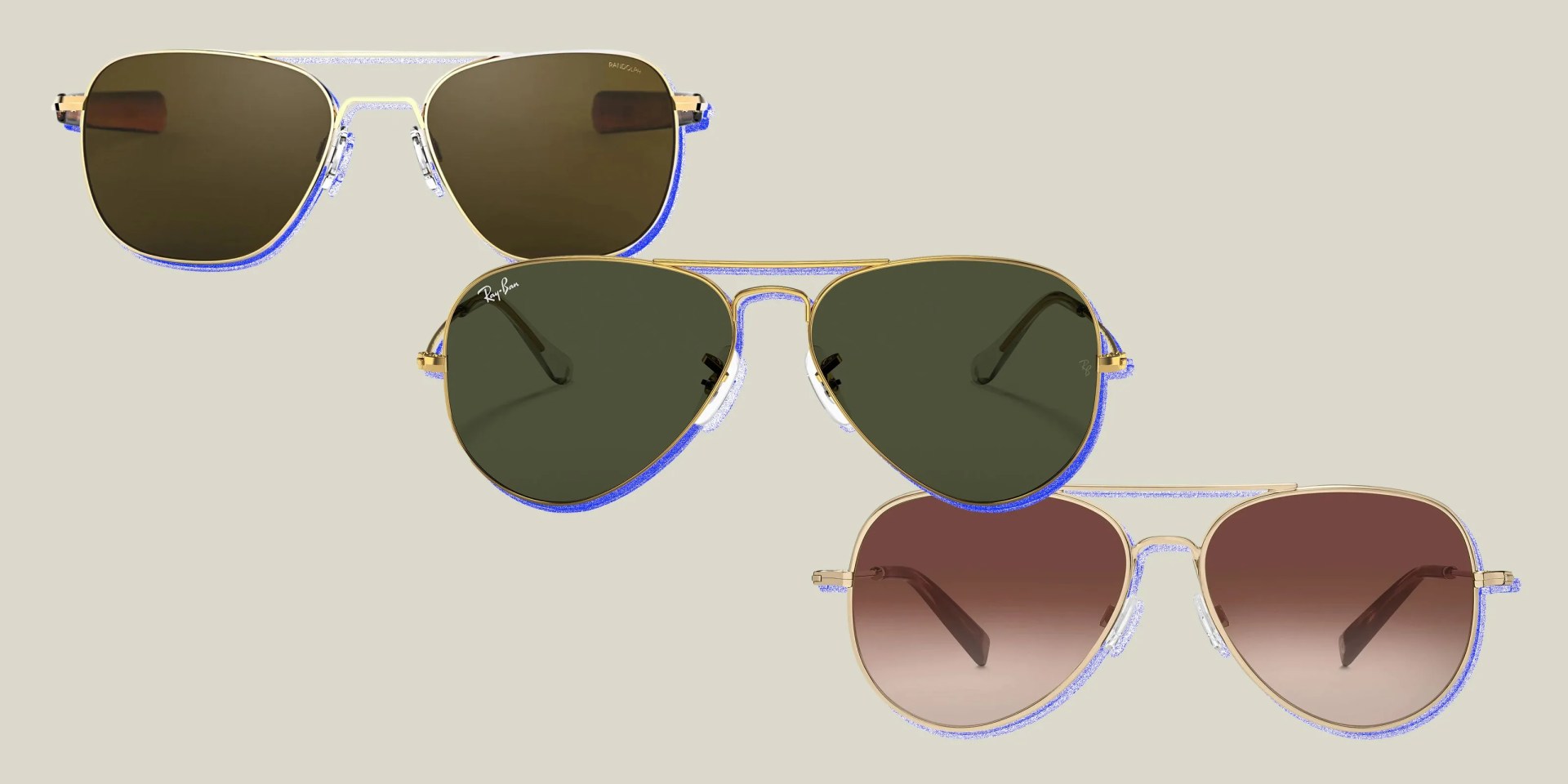 collage of three different aviator sunglasses