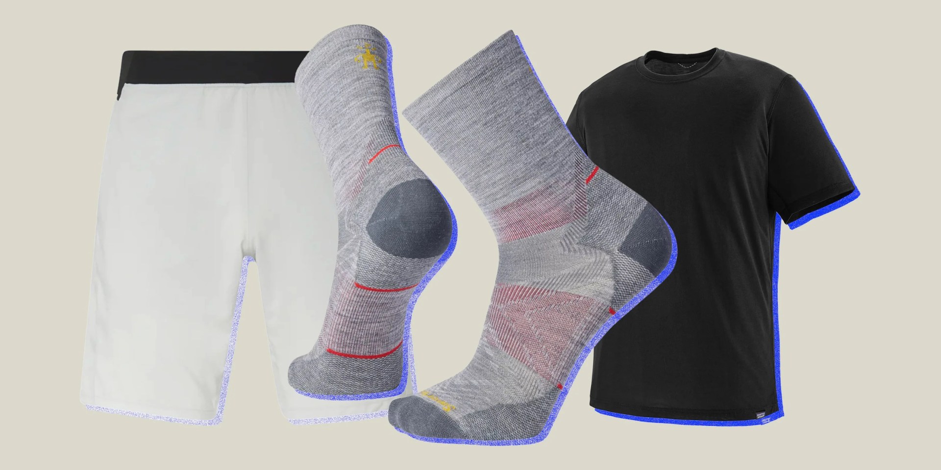 collage of workout shorts, black tshirt, and gray socks
