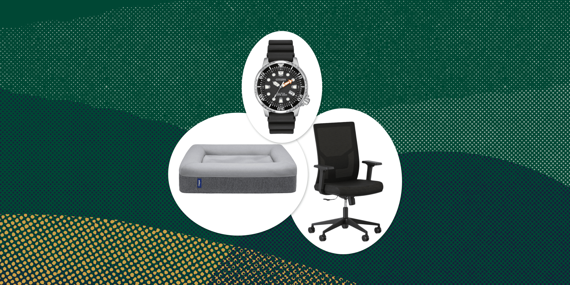 collage of a watch, a dog bed, and an office chair