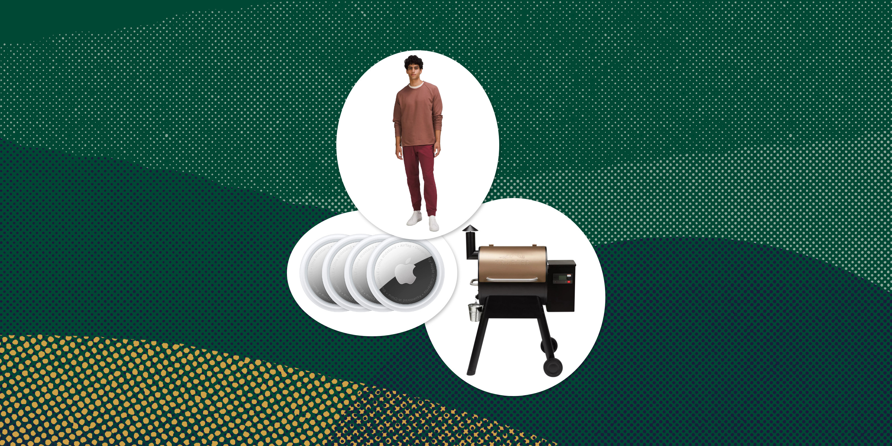 collage of a man standing, airtags, and a grill