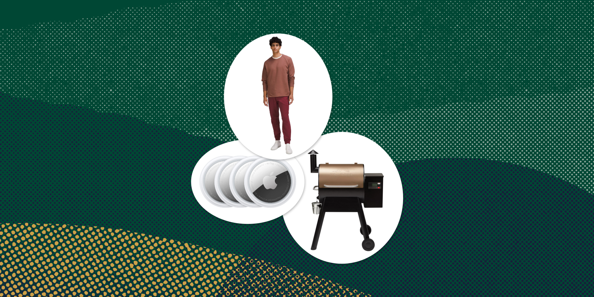 collage of a man standing, airtags, and a grill