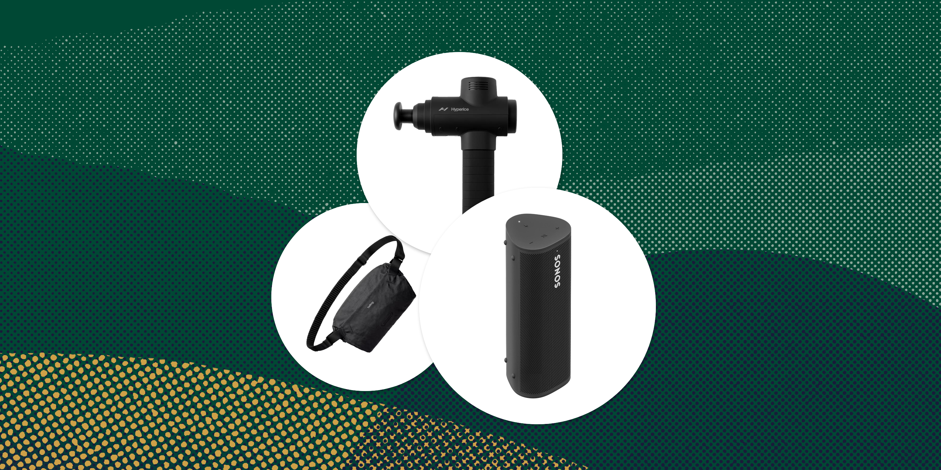 collage of hyperice massage sonos speaker and sling bag