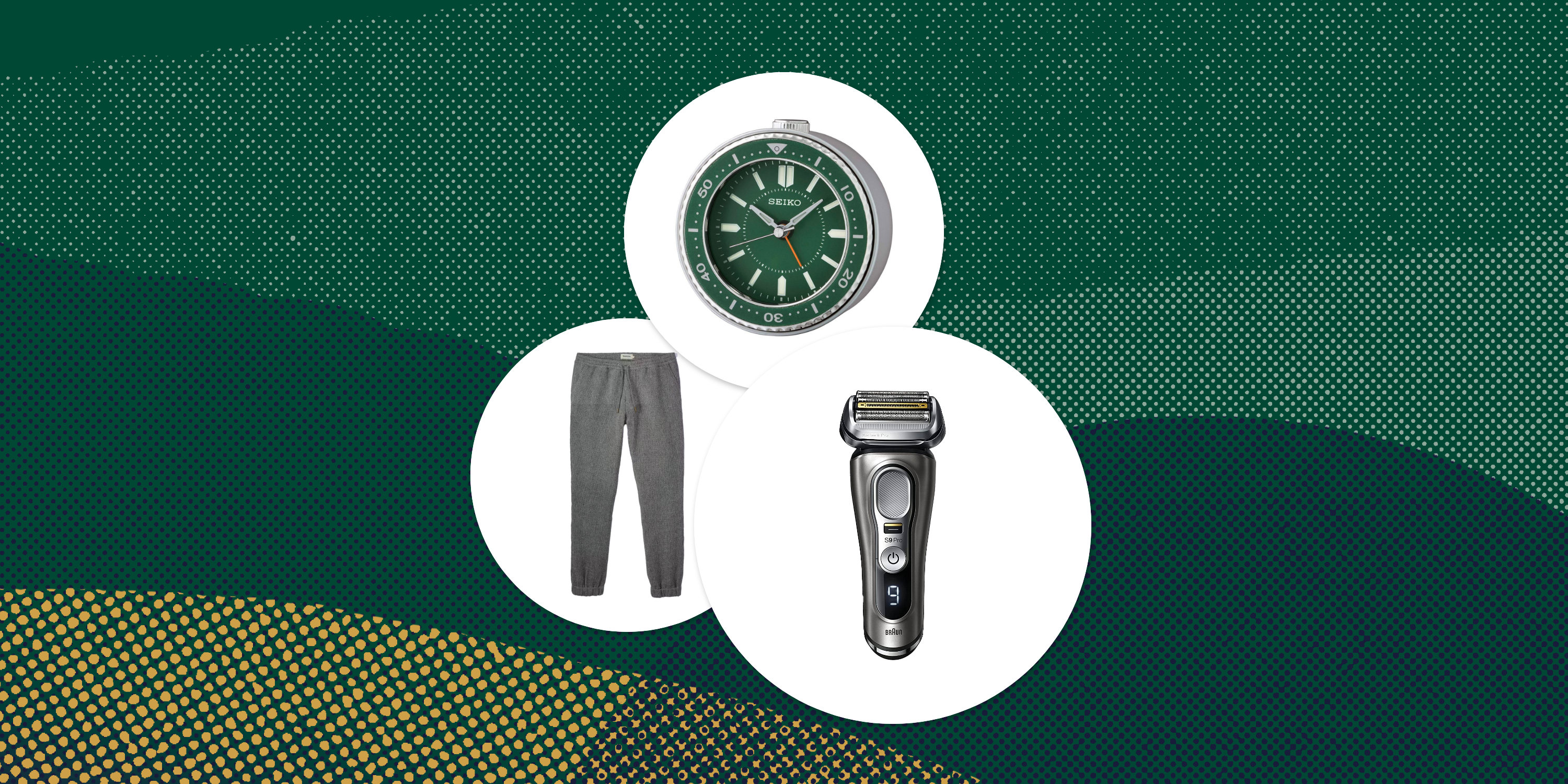 collage of braun shaver huckberry lounge pants and seiko clock