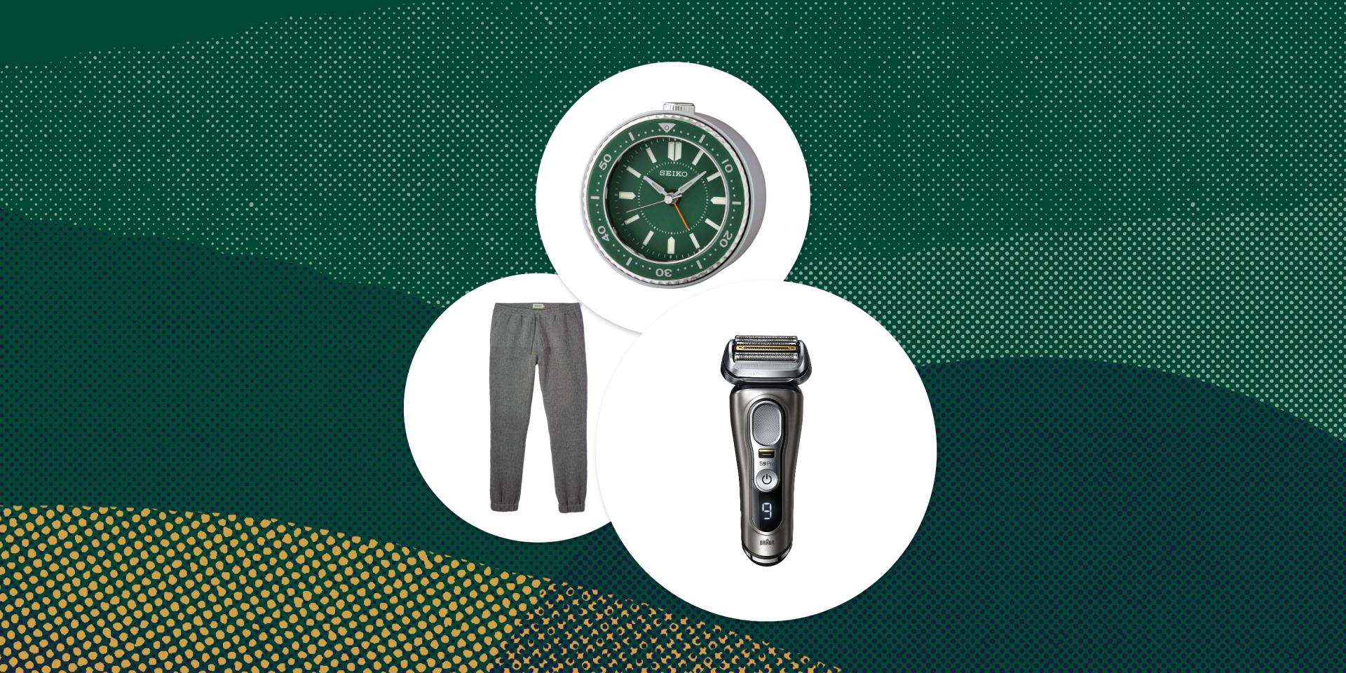 collage of braun shaver huckberry lounge pants and seiko clock