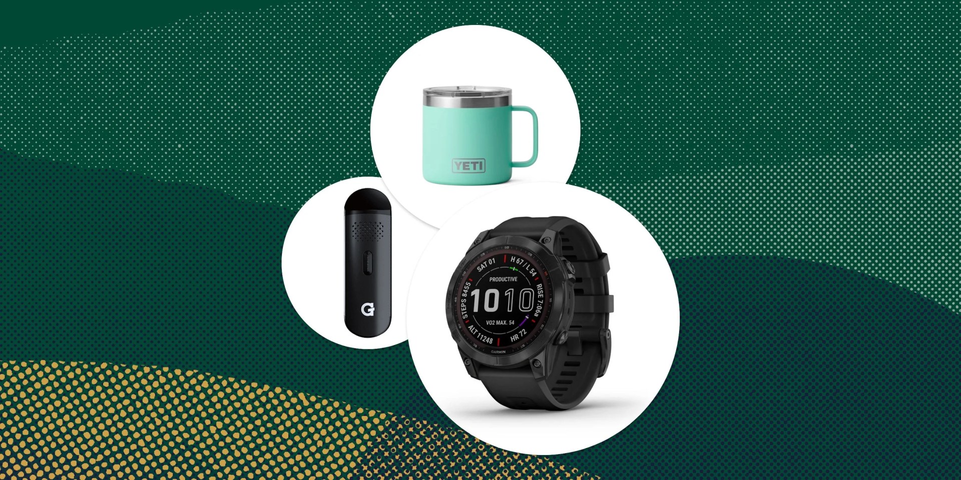 collage of yeti cup garmin solar sapphire and g pen vaproizer