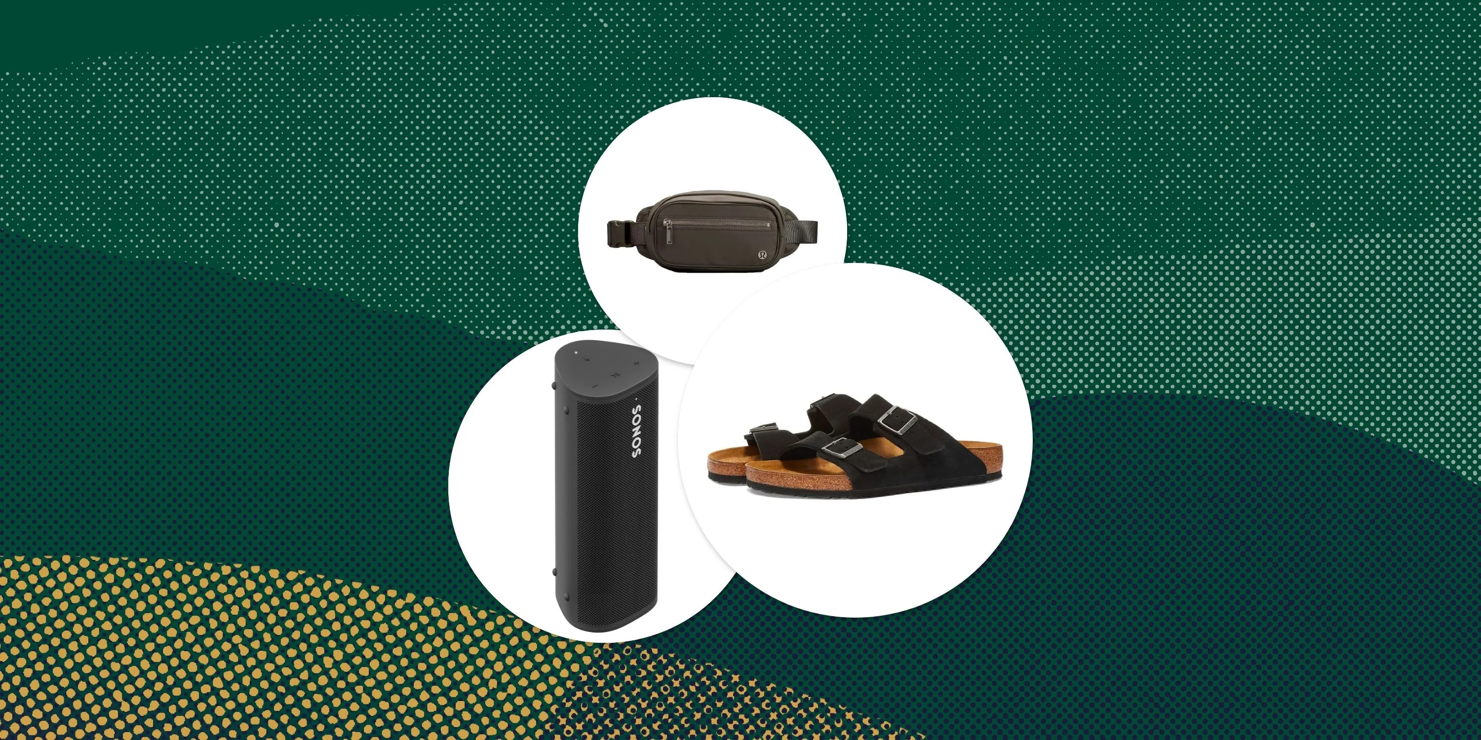 collage of lululemon belt bag sonos speakers and birkenstock arizona