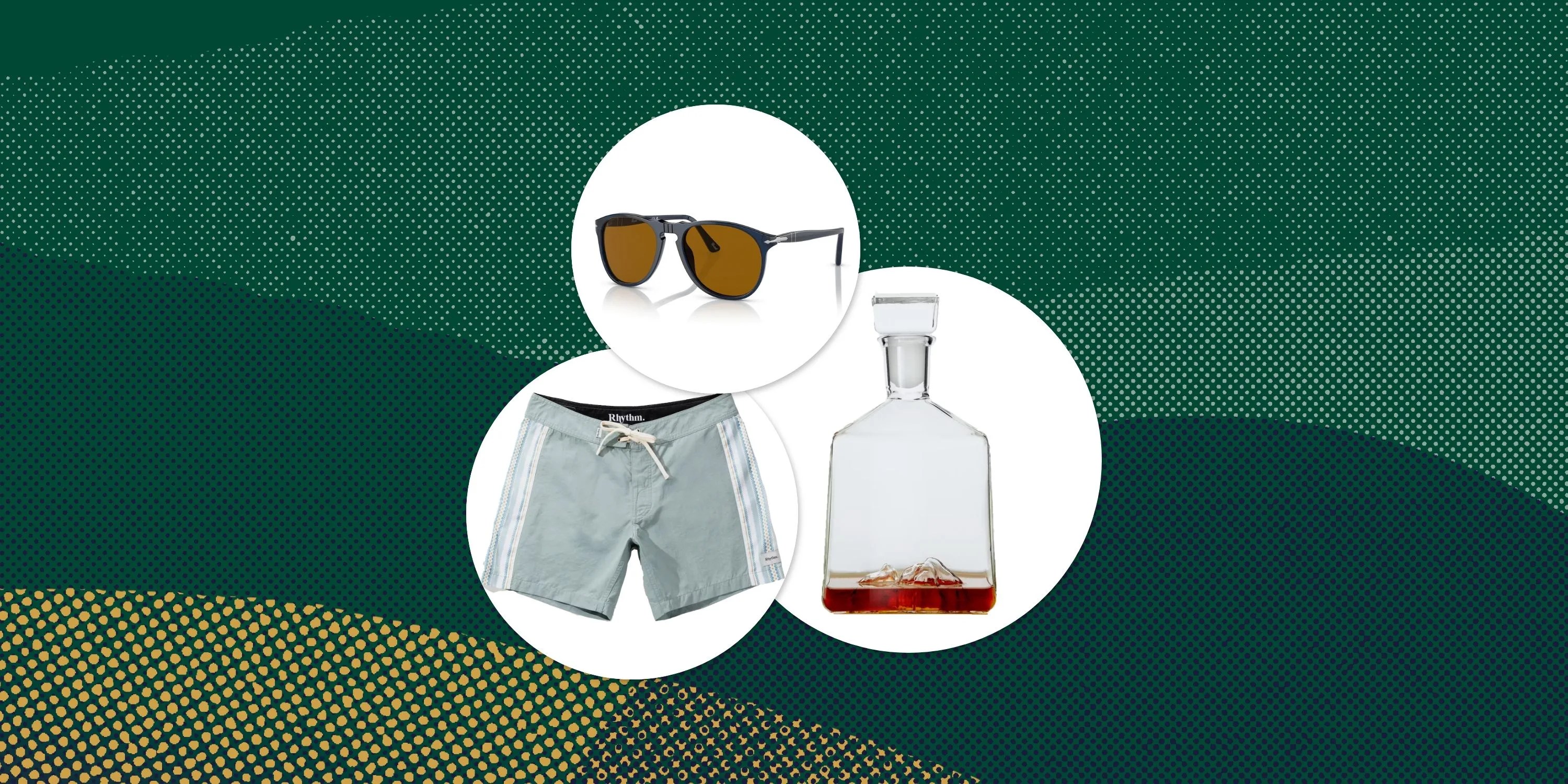 collage of rhythm shorts whiskey peaks decantor persol glasses