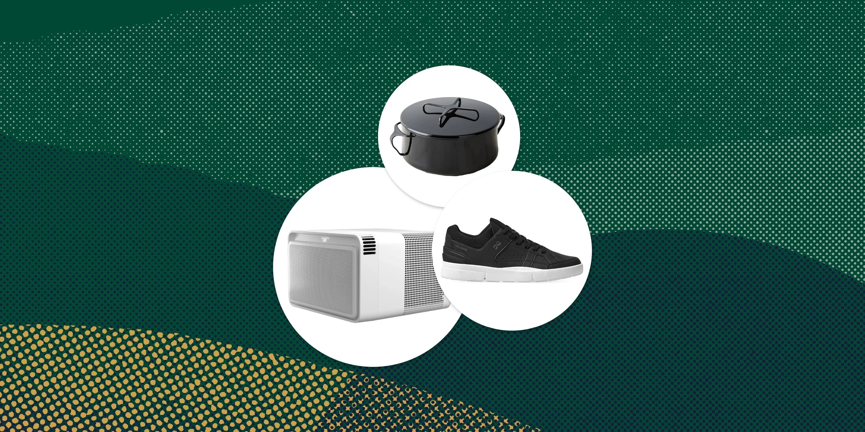 collage of windmill ac on roger shoes and dansk casserole