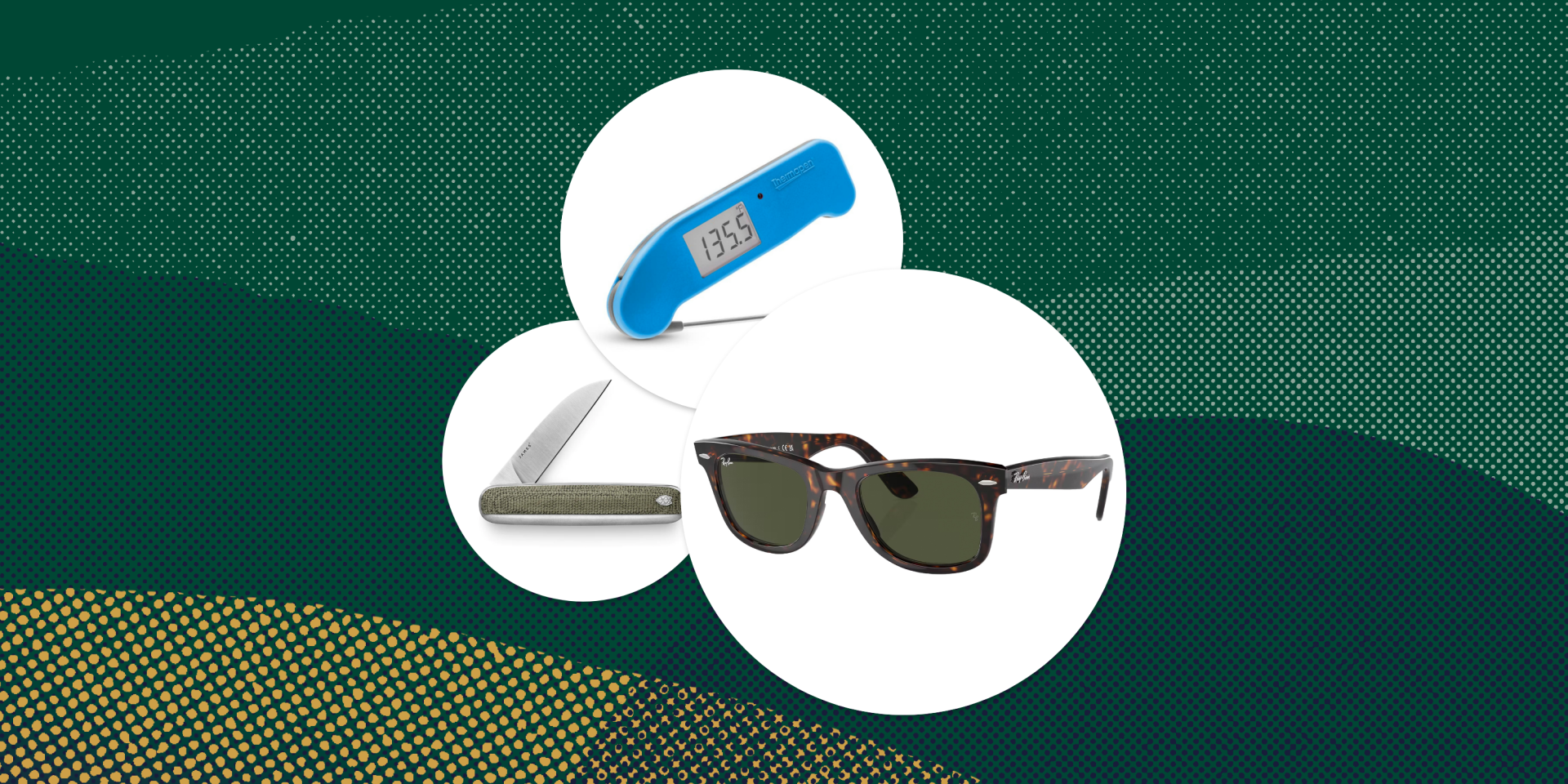 collage of ray ban glasses thermometer and pocket knife