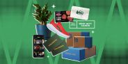 collage of a plant, the espn app on a phone, gift cards, a hoka shoe, and bespoke post boxes