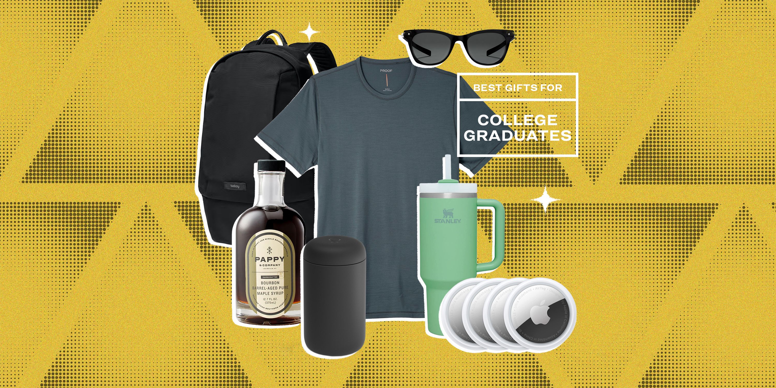 collage of a backpack, tshirt, maple syrup, a thermos, a water cup, sunglasses and airtags