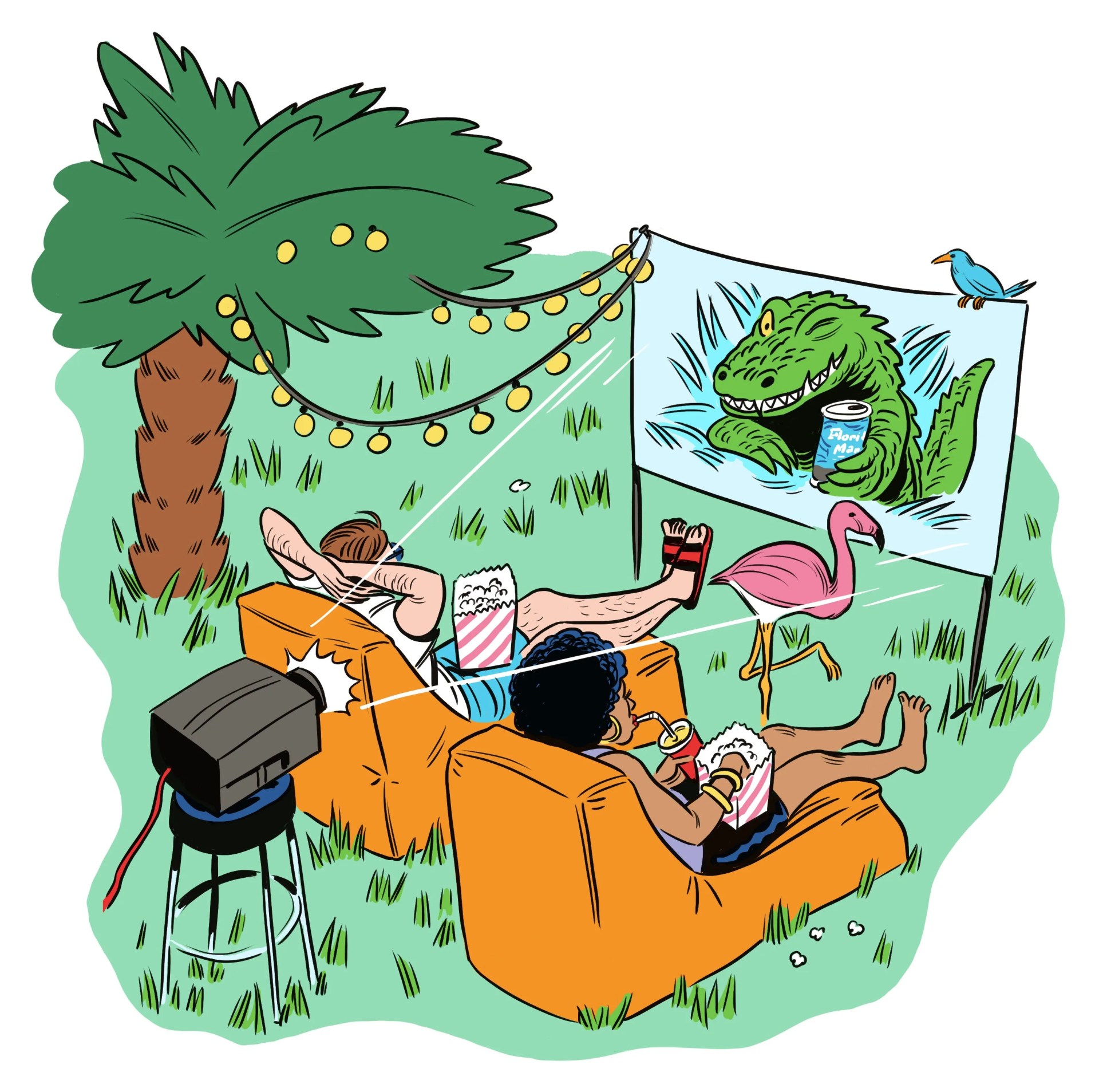 man and woman watching a movie on a projector screen showing a gator winking holding florida man beer next to a palm tree with festoon lights