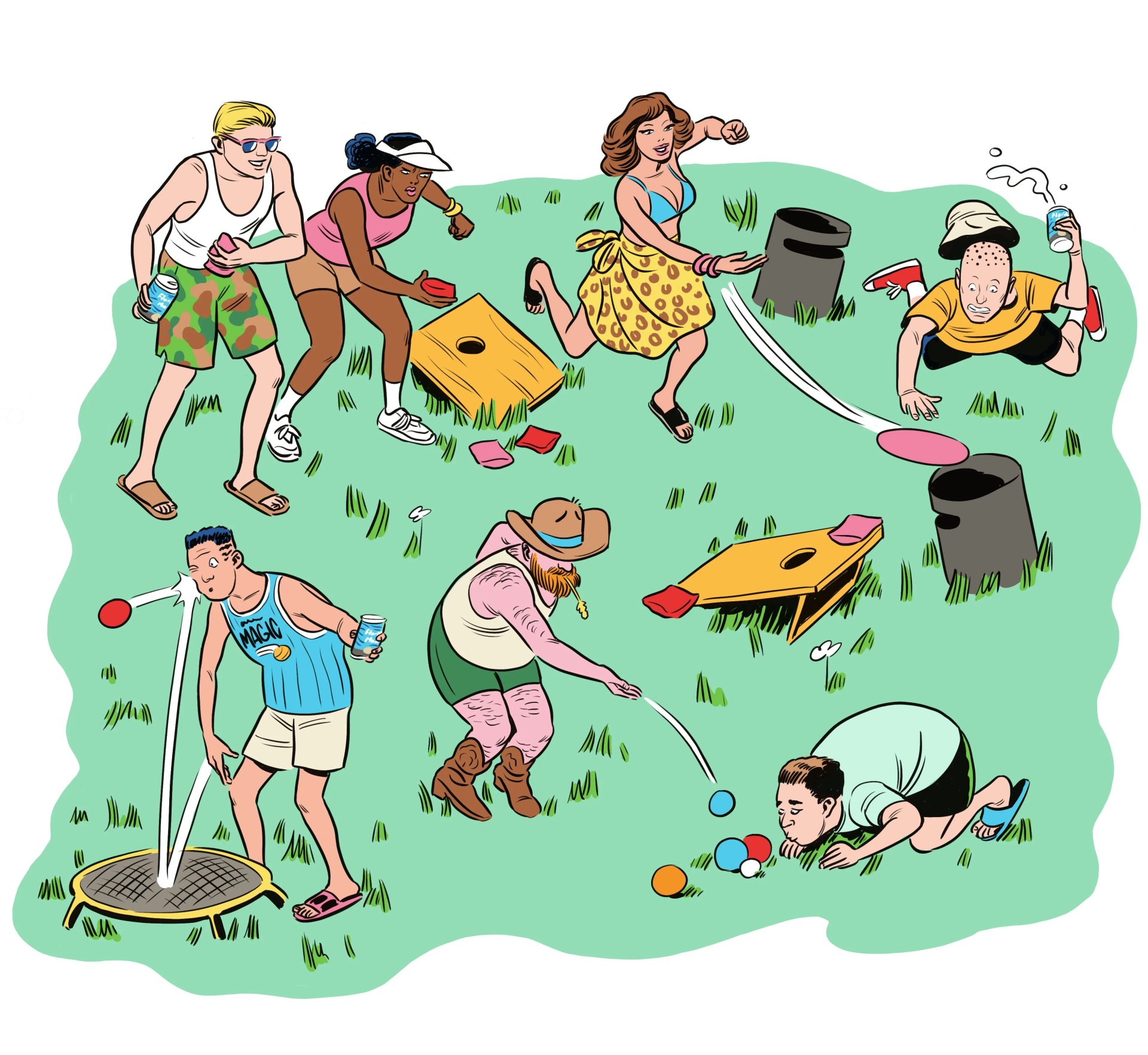 a group of people playing frisbee, corn hole, and bouncing a ball of a mini trampoline