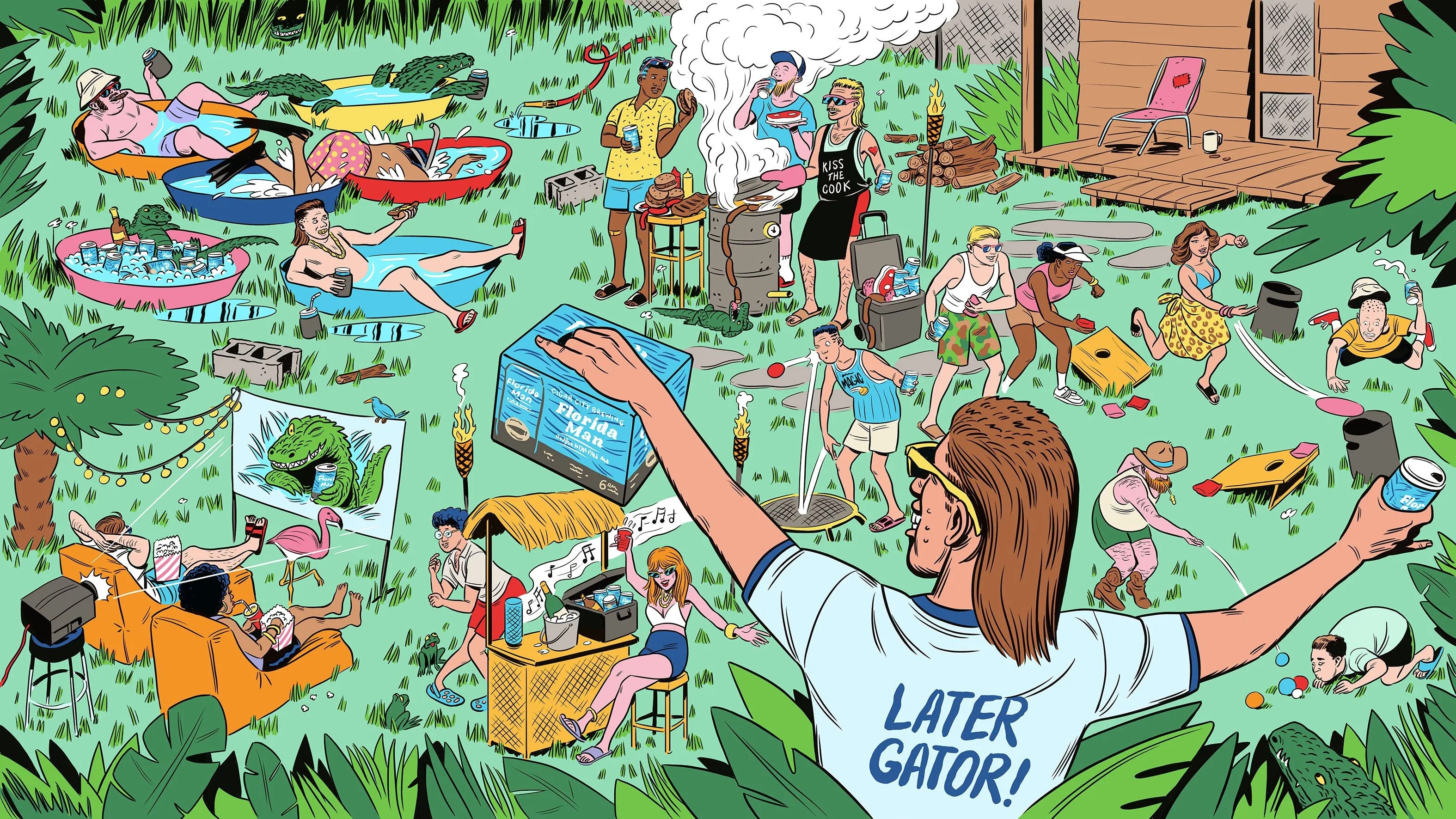 man holding florida man beer in bushes at backyard bbq event with people grilling, watching the movies, play frisbee next to gators