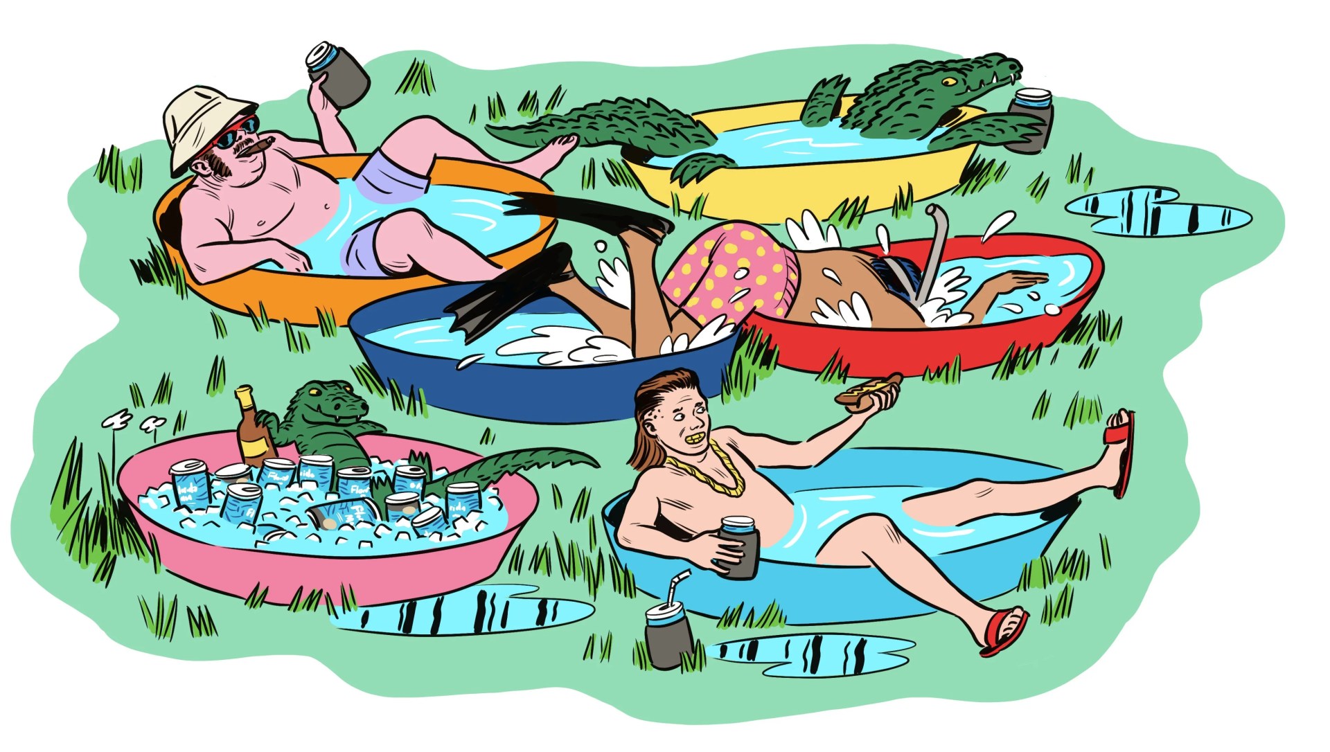 five small plastic bins filled with water with two men sitting in them, a third man scuba diving, and a one with a crock holding beer