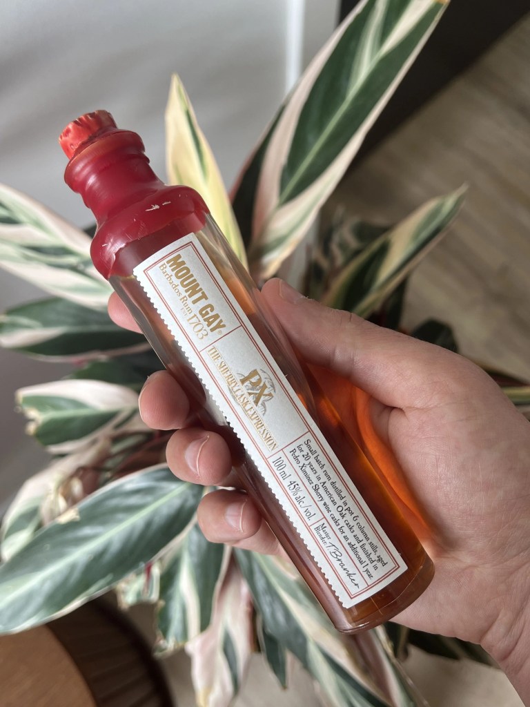 sample bottle of mount gay px sherry cask rum