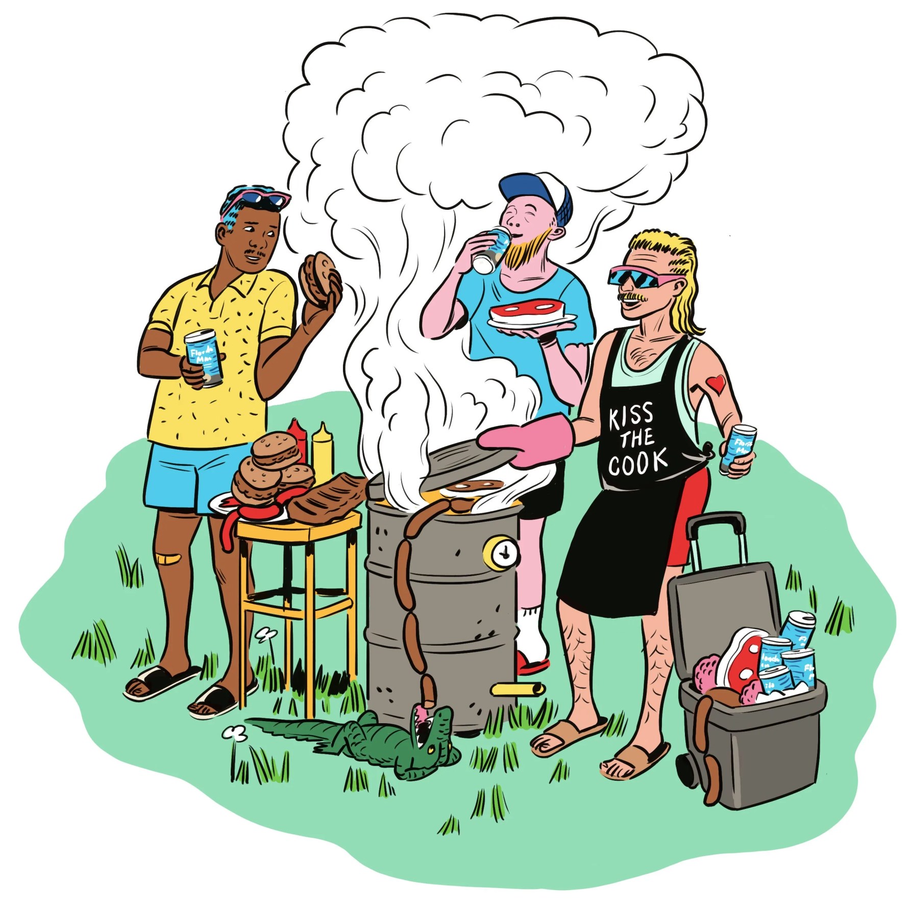 three men grilling with a small crocodile eating the sausage chain links