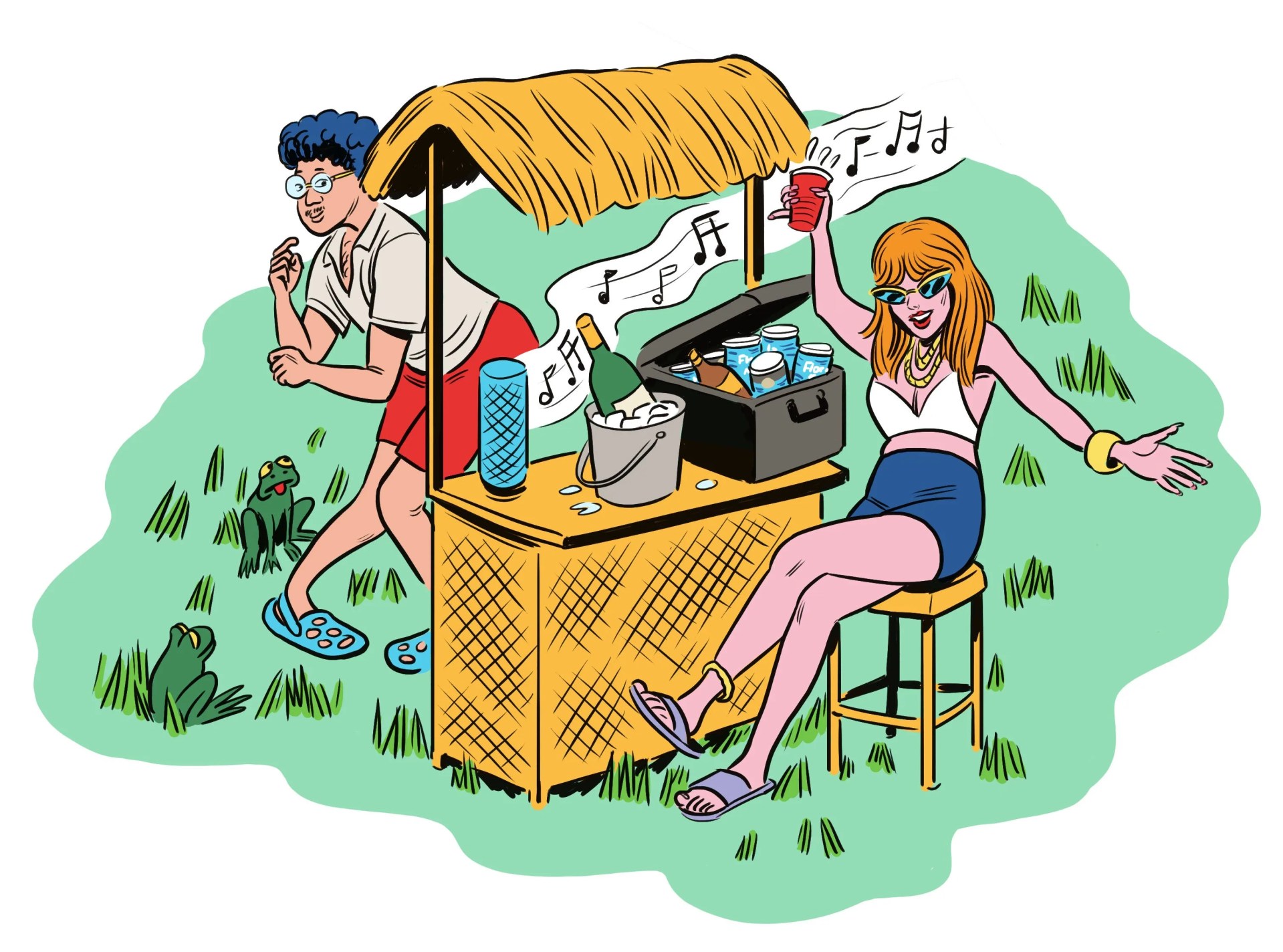 one woman sitting holding a red cup swaying to the music and another woman dancing next to a tiki bar