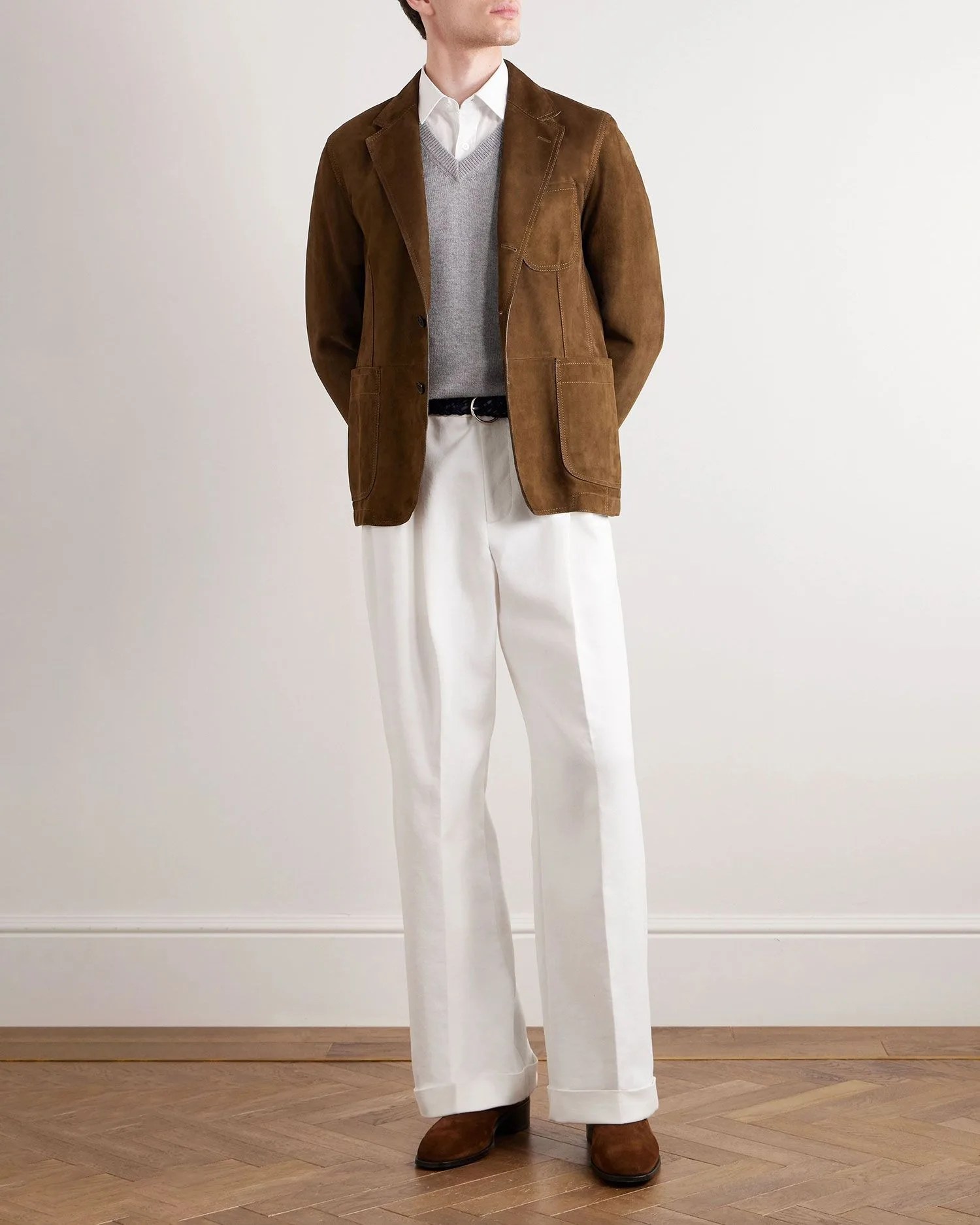 man wearing ralph lauren purple label slim fit suede blazer