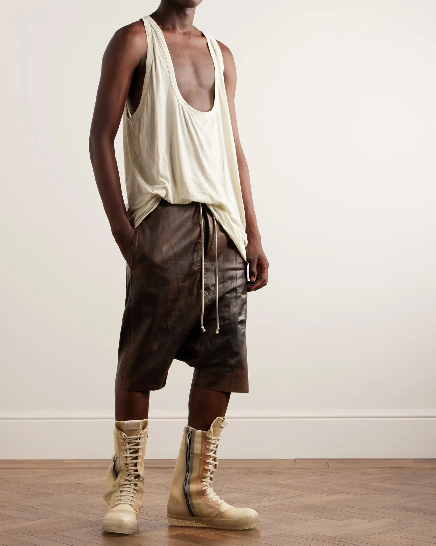 rick owens pod wide leg leather drawstring shorts