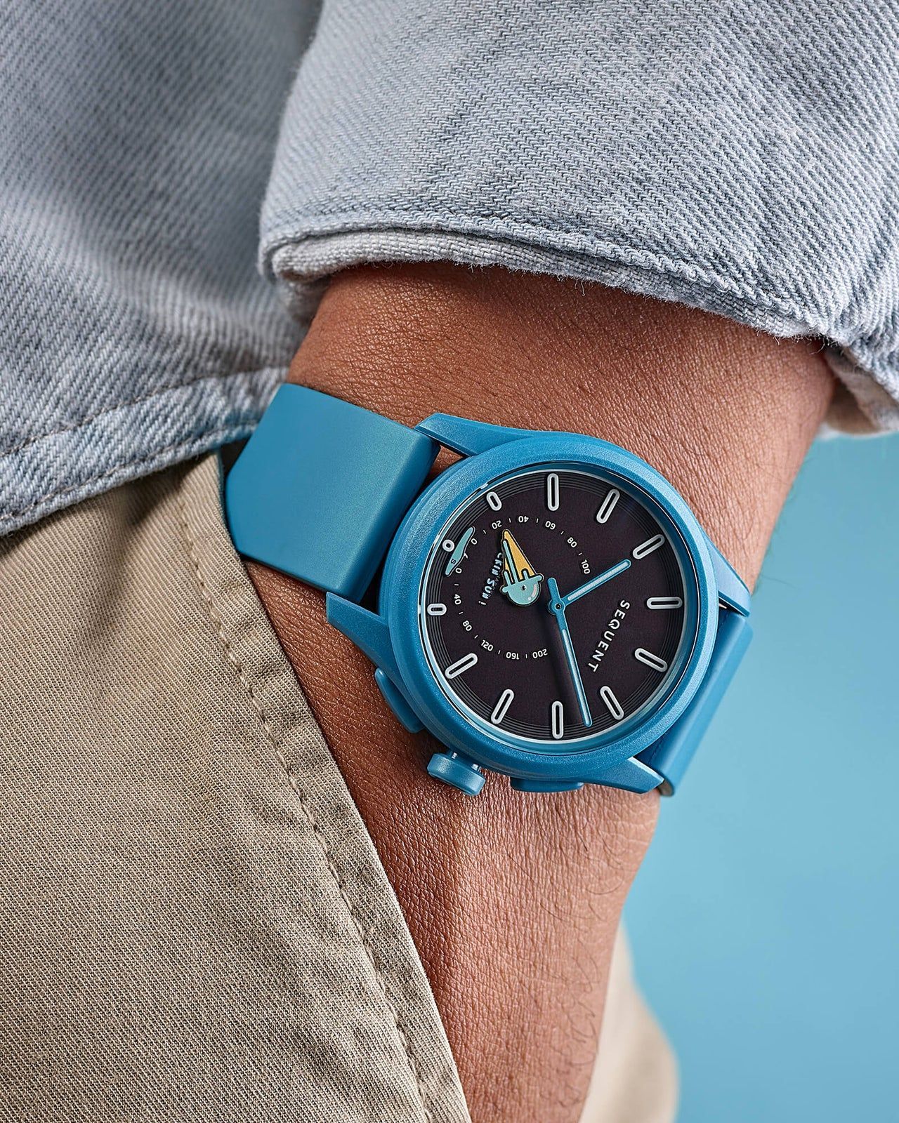 sequent fking sun azure blue watch worn on wrist