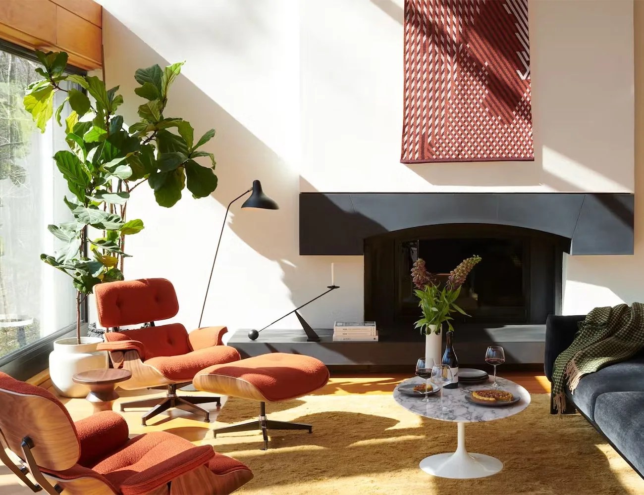 a living room with a fireplace