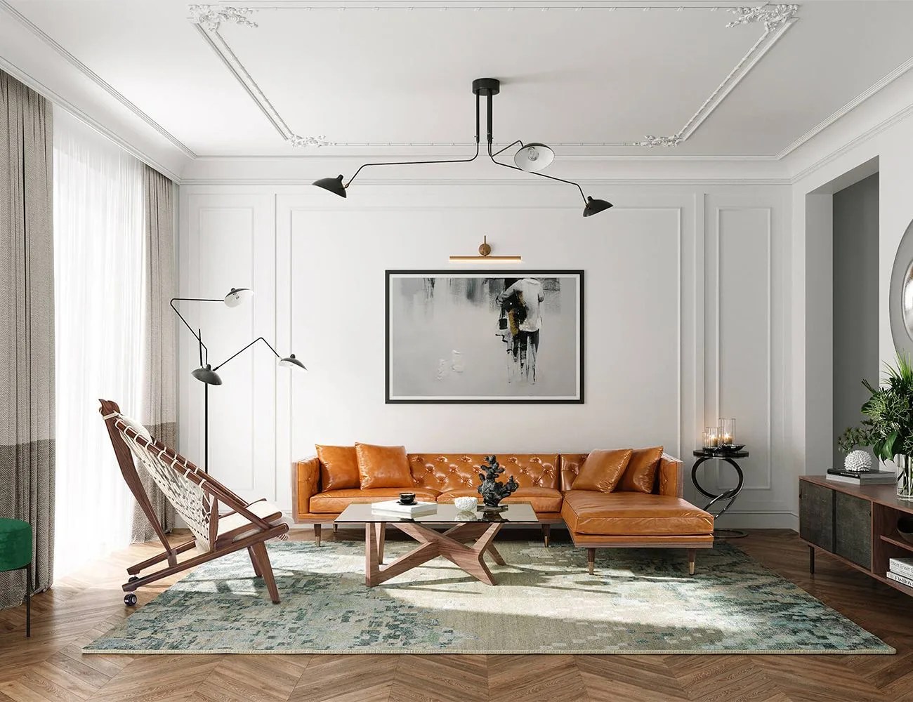 a brown leather couch in a room with a large framed painting