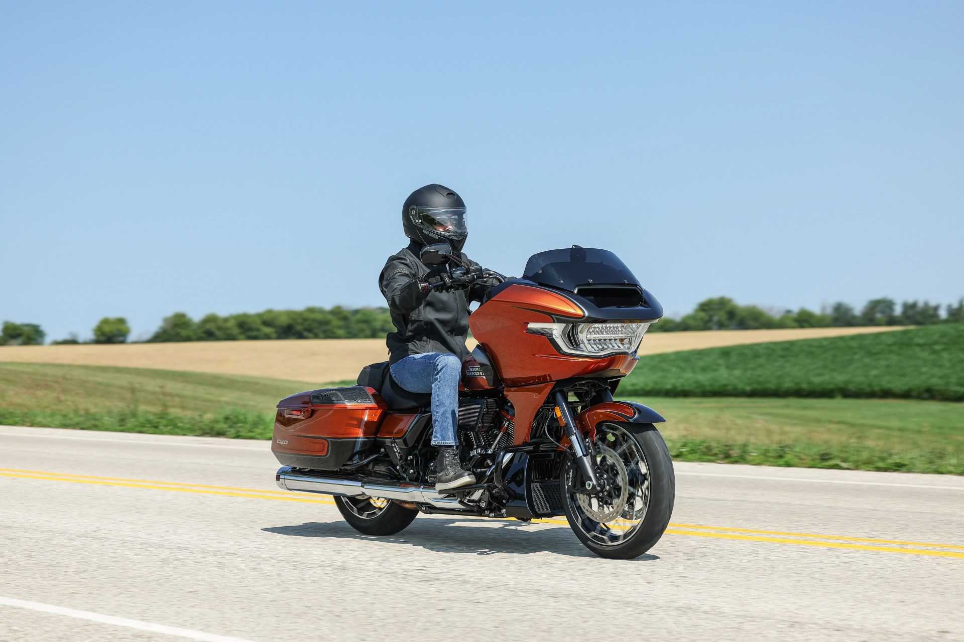 harley davidson cvo street glide on road in wisconsin